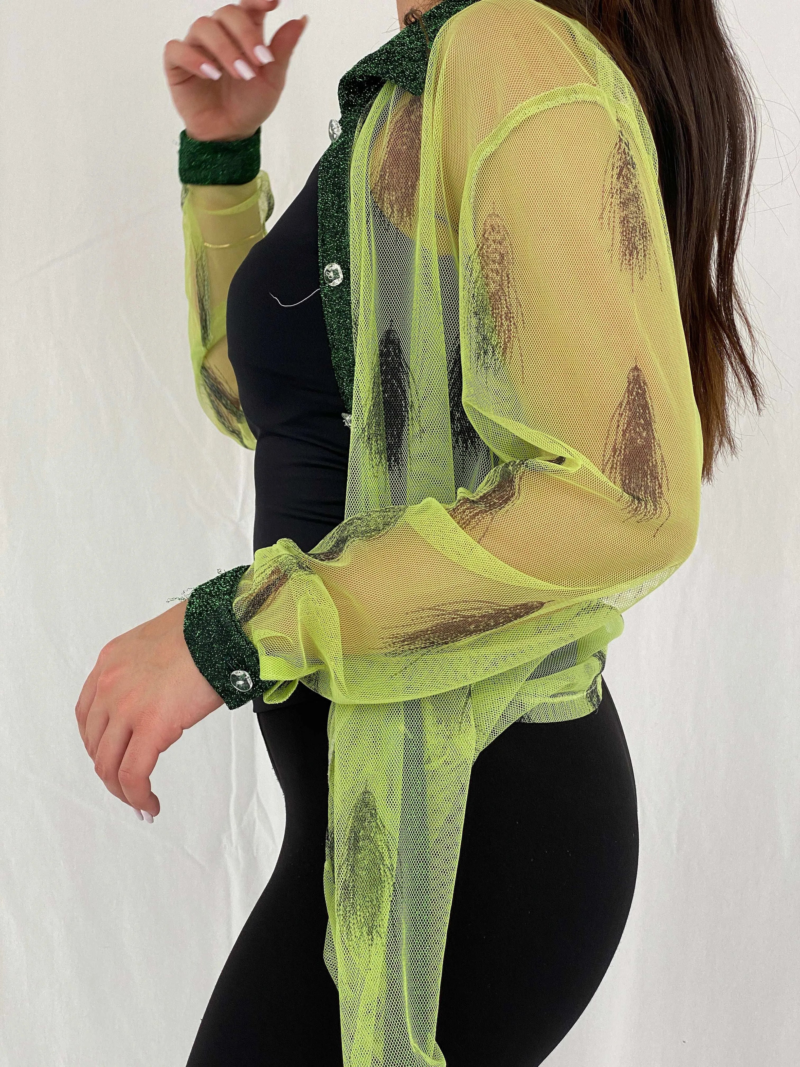 Vintage 90s Mon Lisai Green Mesh Shirt - Size L/XL - Balagan Vintage Full Sleeve Shirt 00s, mesh, Rama, women shirt