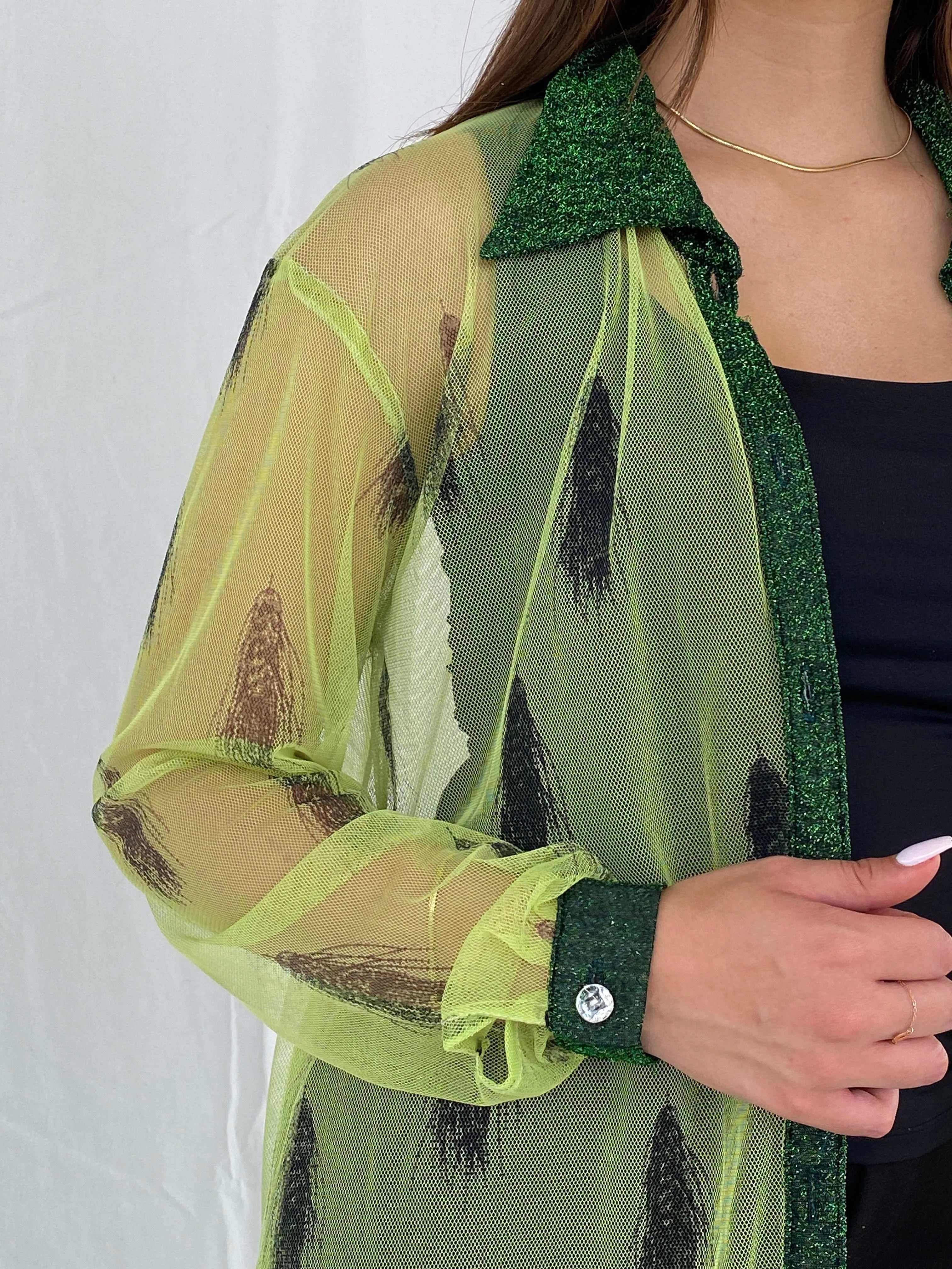 Vintage 90s Mon Lisai Green Mesh Shirt - Size L/XL - Balagan Vintage Full Sleeve Shirt 00s, mesh, Rama, women shirt