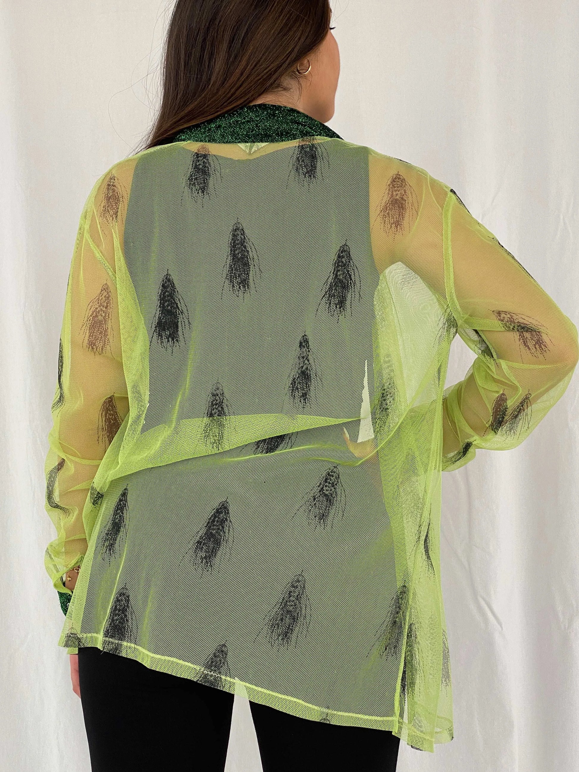 Vintage 90s Mon Lisai Green Mesh Shirt - Size L/XL - Balagan Vintage Full Sleeve Shirt 00s, Deals, mesh, Rama, women shirt