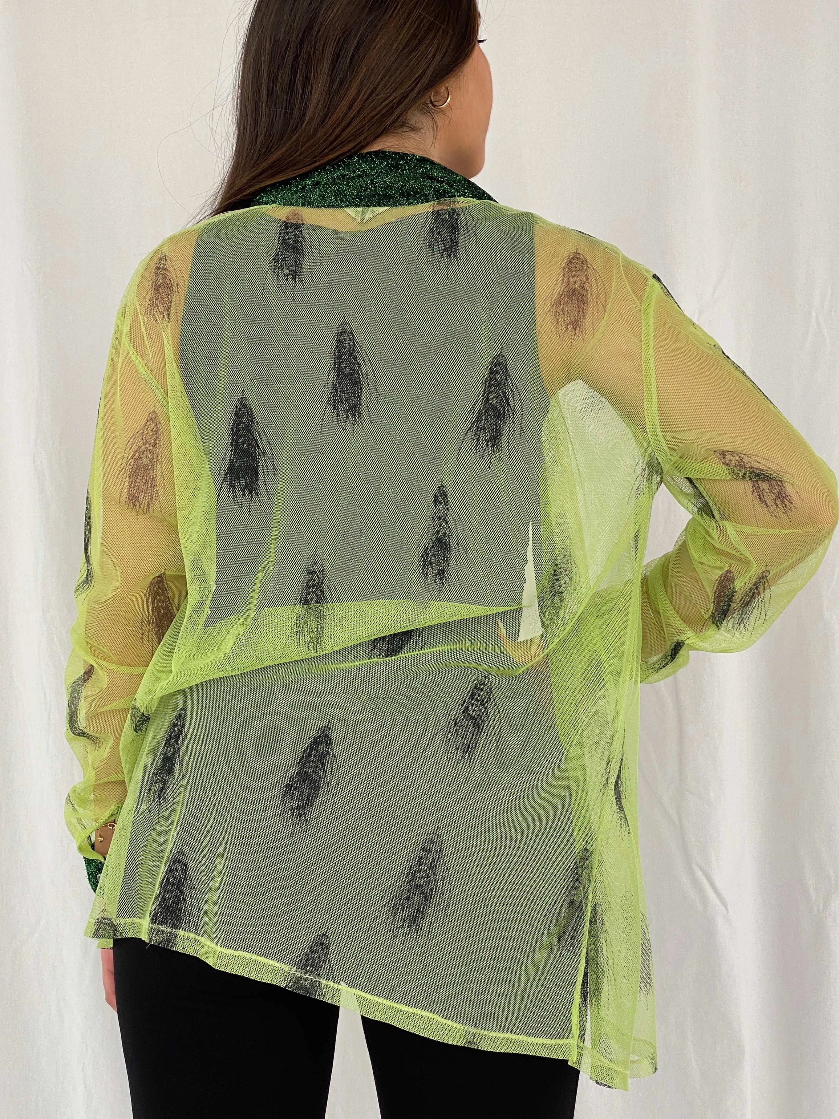 Vintage 90s Mon Lisai Green Mesh Shirt - Size L/XL - Balagan Vintage Full Sleeve Shirt 00s, mesh, Rama, women shirt