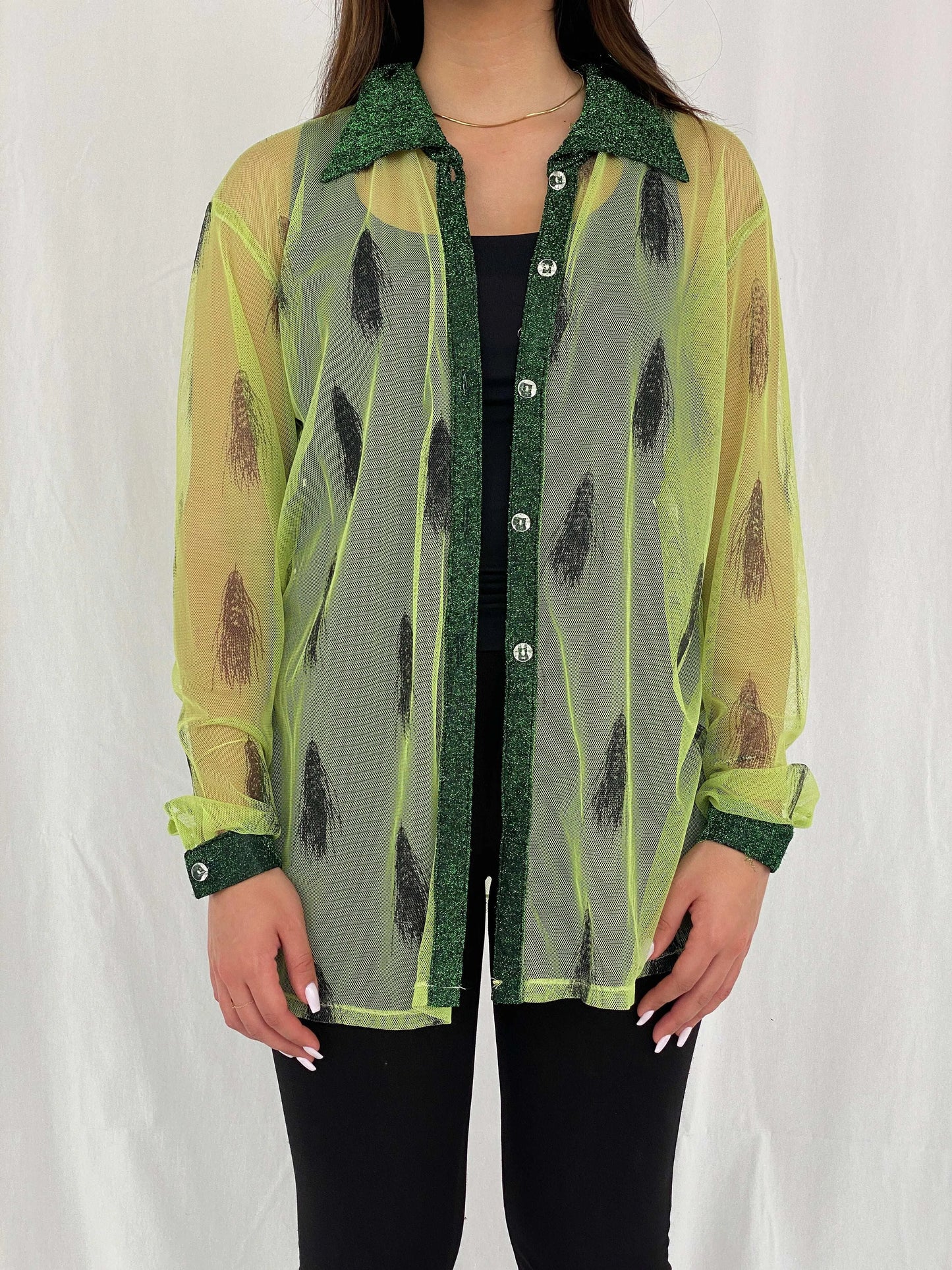 Vintage 90s Mon Lisai Green Mesh Shirt - Size L/XL - Balagan Vintage Full Sleeve Shirt 00s, Deals, mesh, Rama, women shirt