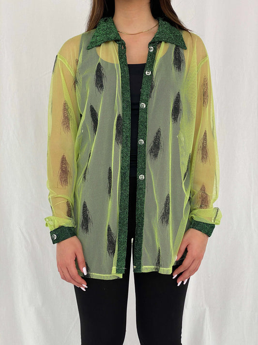 Vintage 90s Mon Lisai Green Mesh Shirt - Size L/XL - Balagan Vintage Full Sleeve Shirt 00s, Deals, mesh, Rama, women shirt