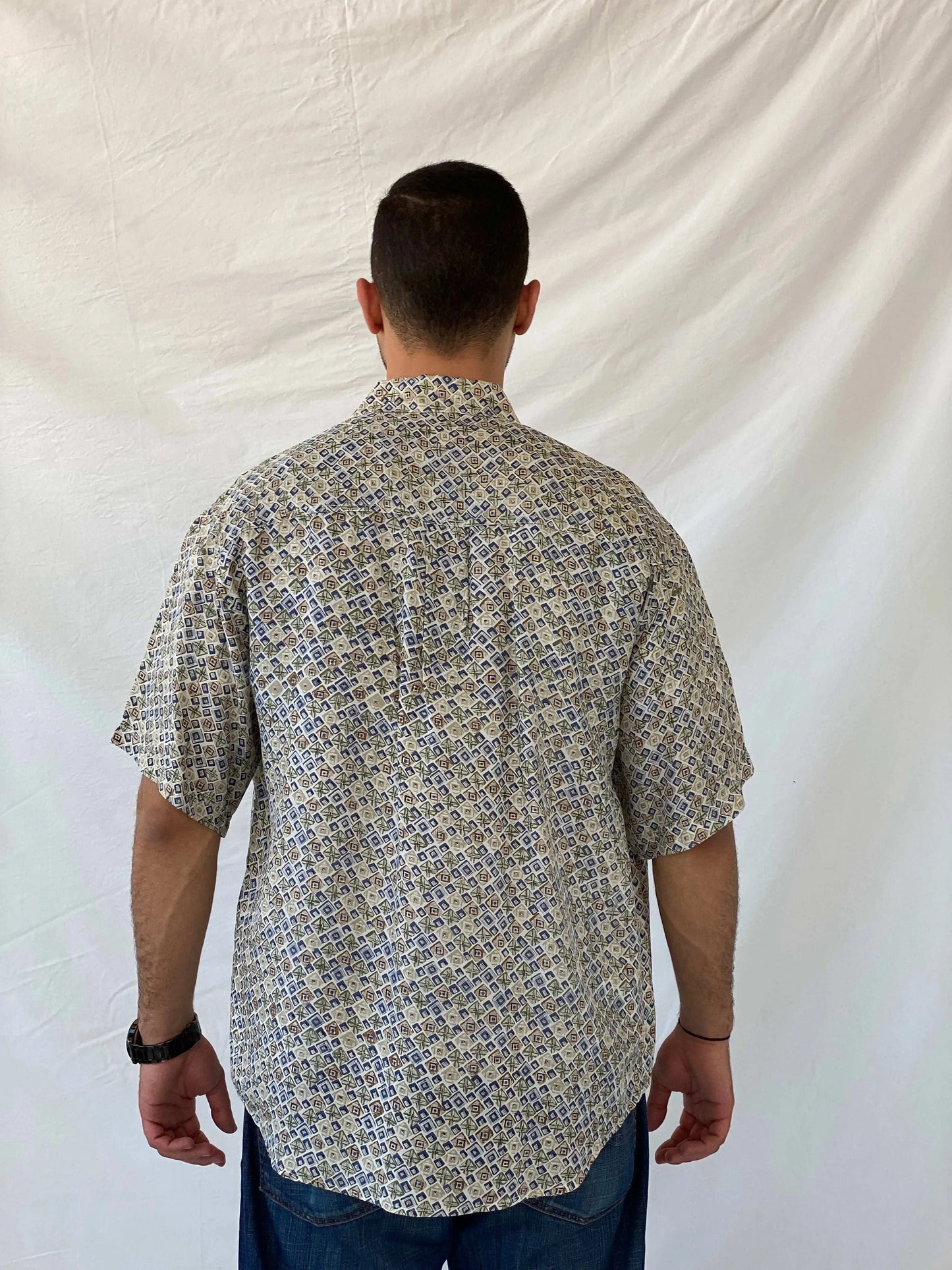 Vintage 90s MONTAGE Abstract Print Men’s Silk Button-Up Shirt - L - Balagan Vintage Half Sleeve Shirt 90s, half sleeve shirt, mens shirt, printed shirt, printed silk shirt, Ramez, silk, silk shirt