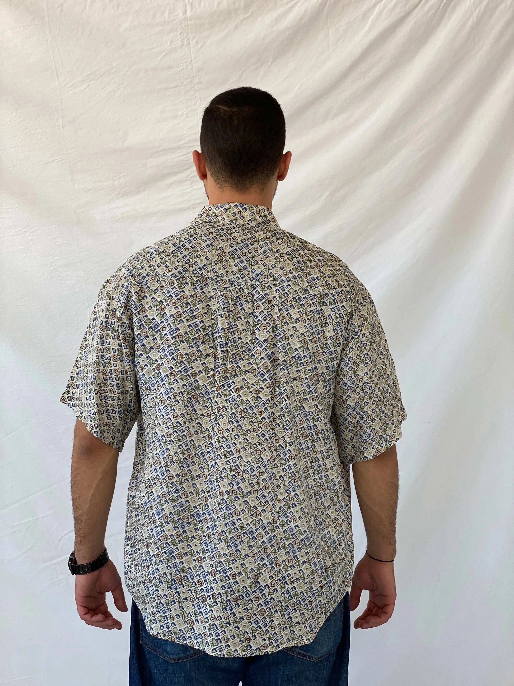 Vintage 90s MONTAGE Abstract Print Men’s Silk Button-Up Shirt - L - Balagan Vintage Half Sleeve Shirt 90s, half sleeve shirt, mens shirt, printed shirt, printed silk shirt, Ramez, silk, silk shirt