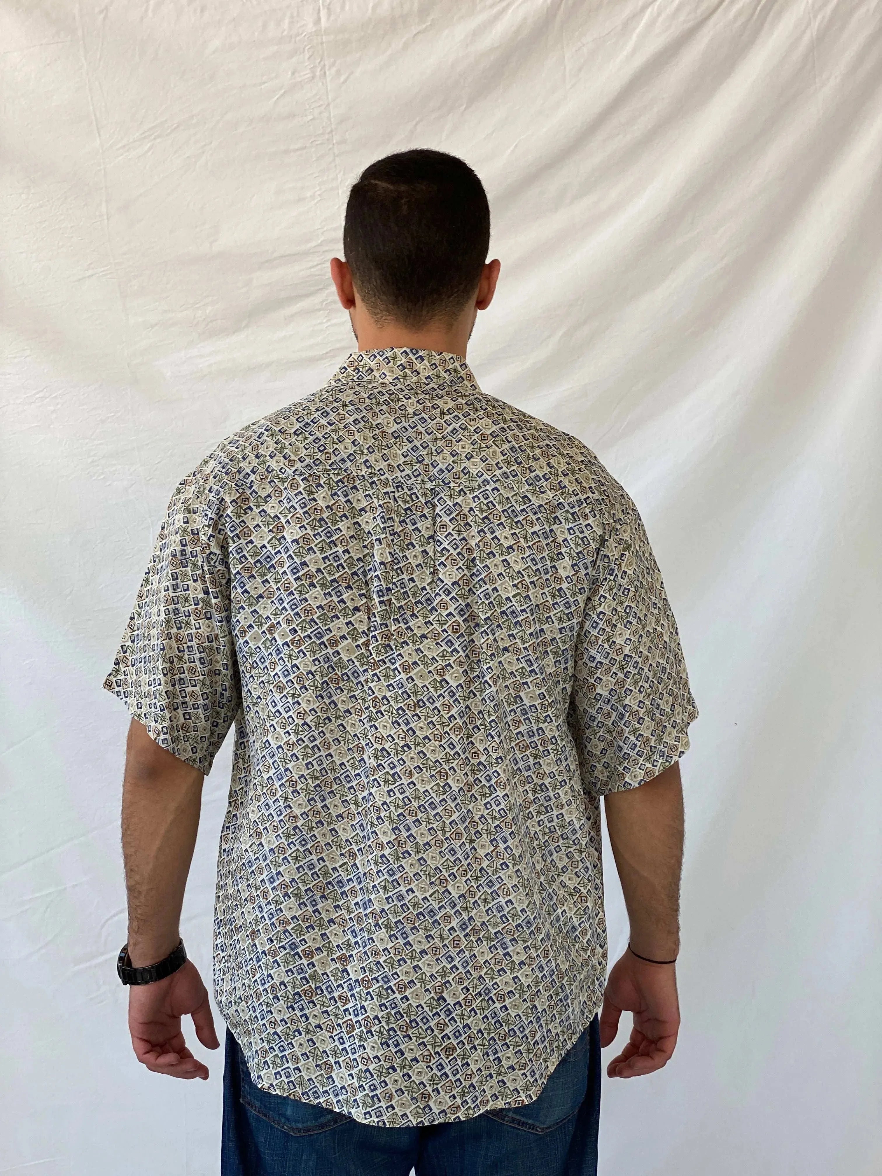 Vintage 90s MONTAGE Abstract Print Men’s Silk Button-Up Shirt - L - Balagan Vintage Half Sleeve Shirt 90s, half sleeve shirt, mens shirt, printed shirt, printed silk shirt, Ramez, silk, silk shirt