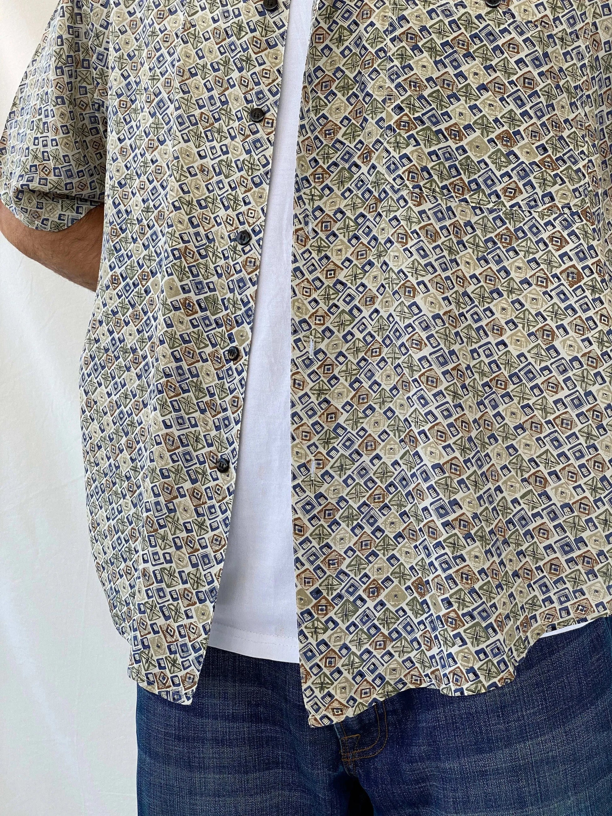 Vintage 90s MONTAGE Abstract Print Men’s Silk Button-Up Shirt - L - Balagan Vintage Half Sleeve Shirt 90s, half sleeve shirt, mens shirt, printed shirt, printed silk shirt, Ramez, silk, silk shirt