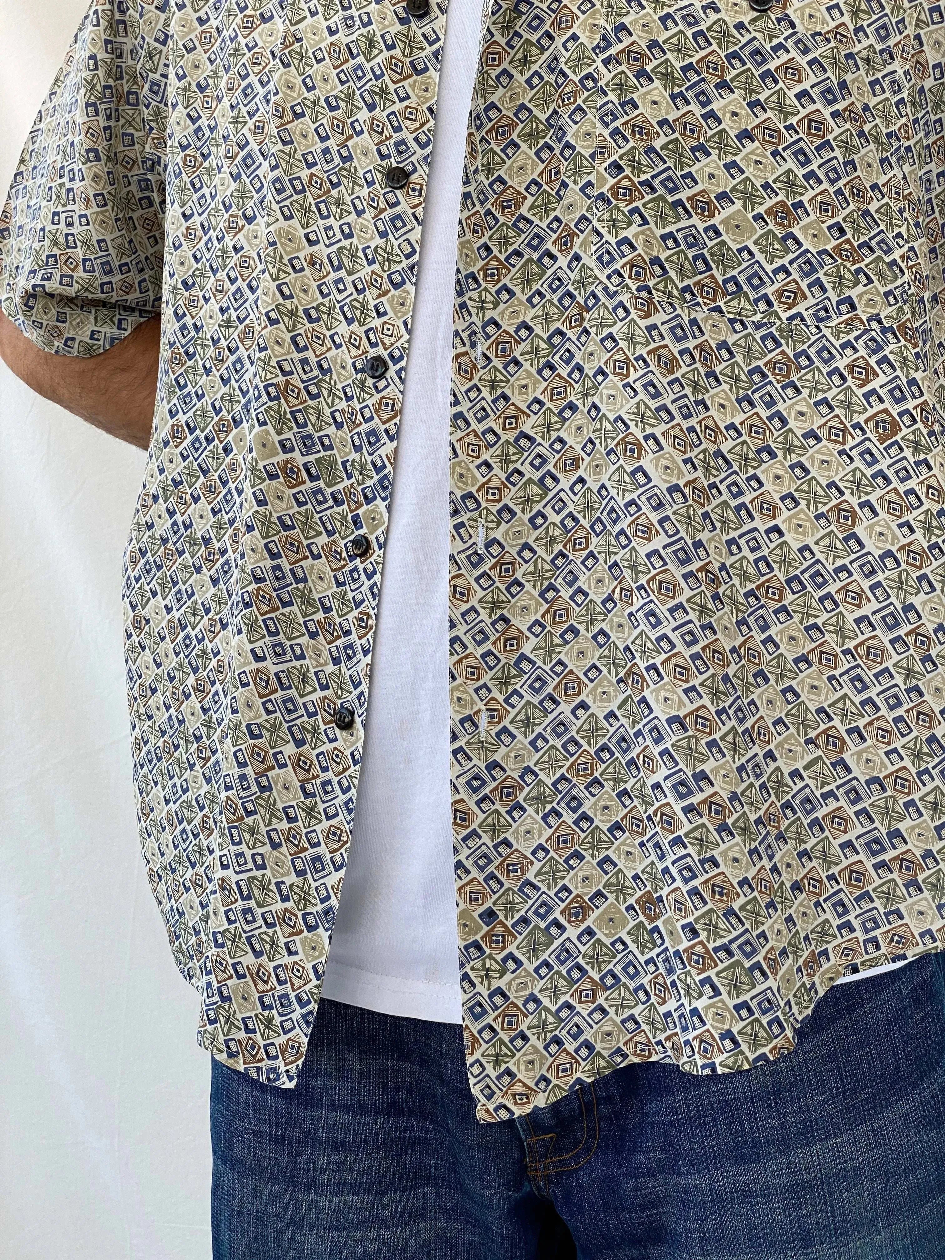 Vintage 90s MONTAGE Abstract Print Men’s Silk Button-Up Shirt - L - Balagan Vintage Half Sleeve Shirt 90s, half sleeve shirt, mens shirt, printed shirt, printed silk shirt, Ramez, silk, silk shirt