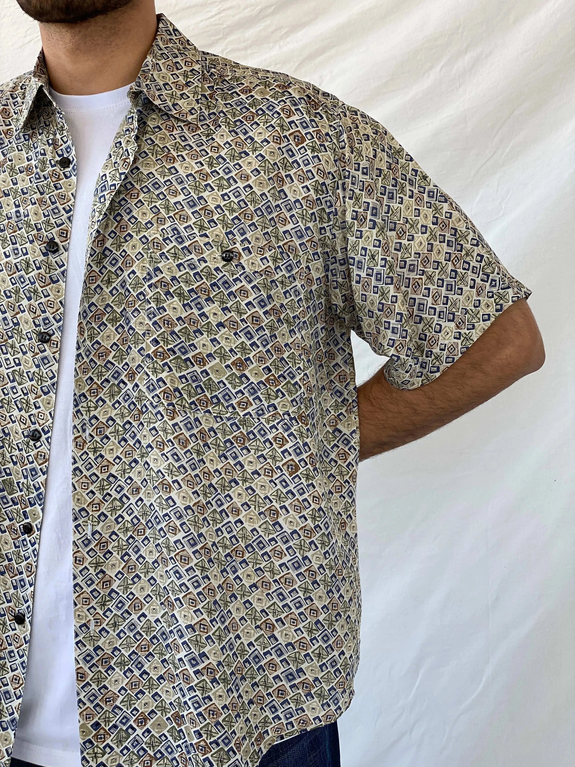 Vintage 90s MONTAGE Abstract Print Men’s Silk Button-Up Shirt - L - Balagan Vintage Half Sleeve Shirt 90s, half sleeve shirt, mens shirt, printed shirt, printed silk shirt, Ramez, silk, silk shirt