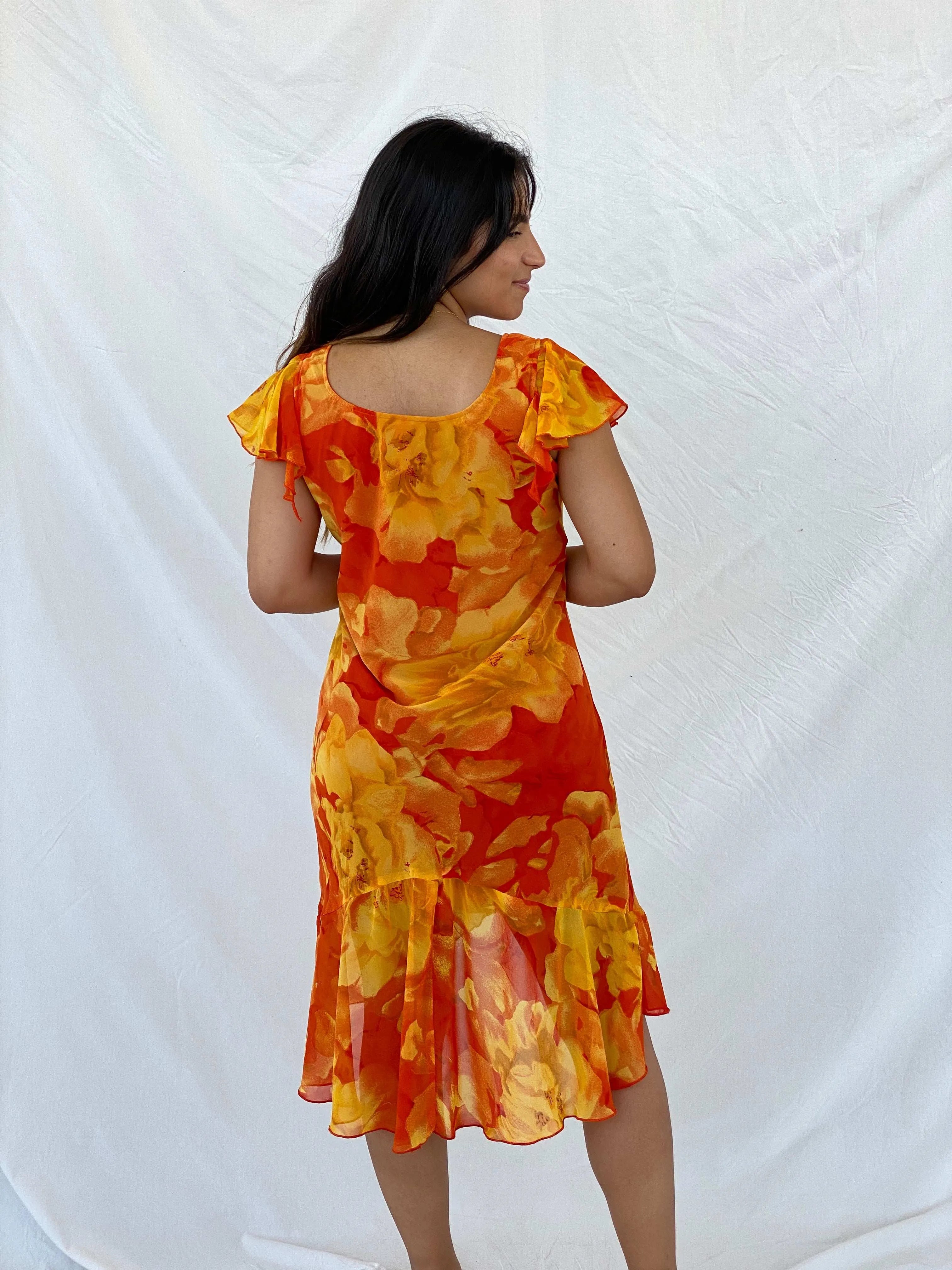Vintage 90s Orange and Yellow Floral Midi Dress - S - Balagan Vintage Midi Dress 00s, 90s dress, Lana, midi dress, summer