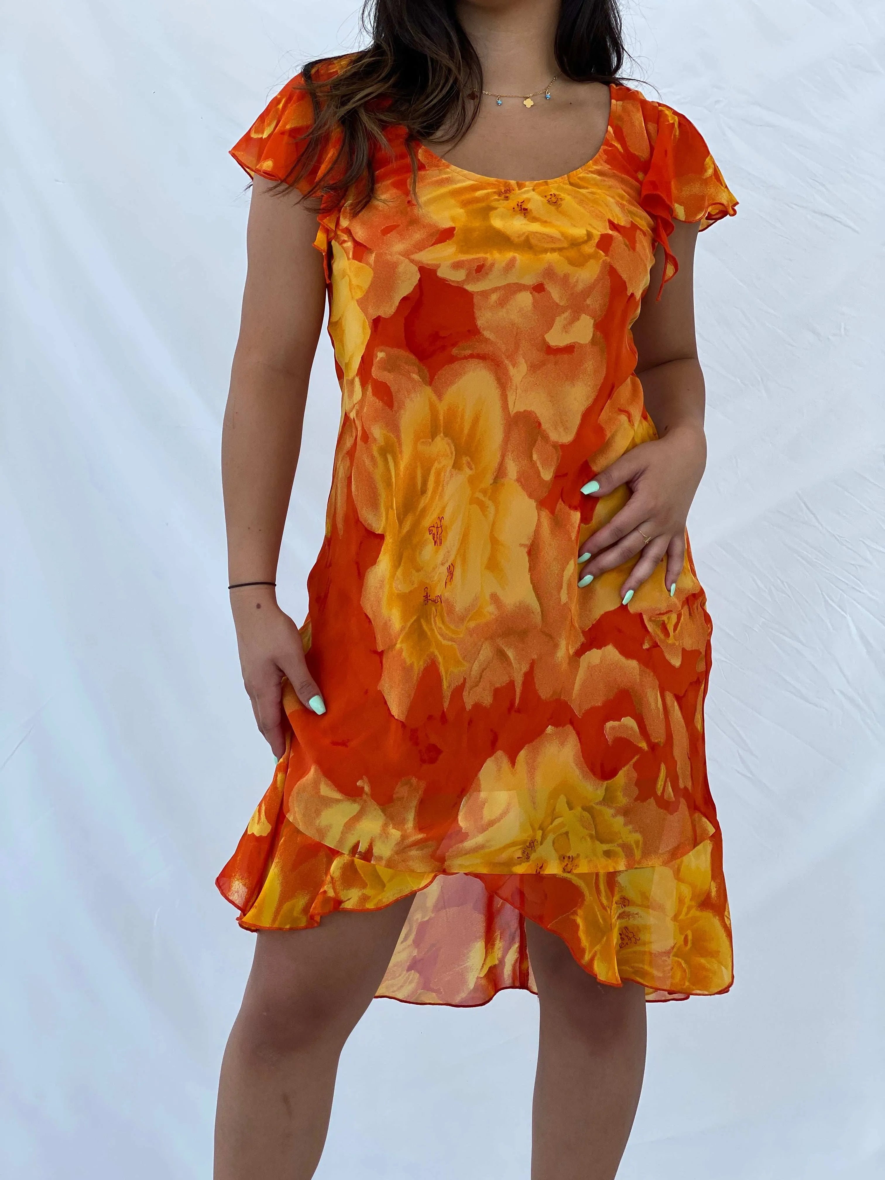 Vintage 90s Orange and Yellow Floral Midi Dress - S - Balagan Vintage Midi Dress 00s, 90s dress, Lana, midi dress, summer