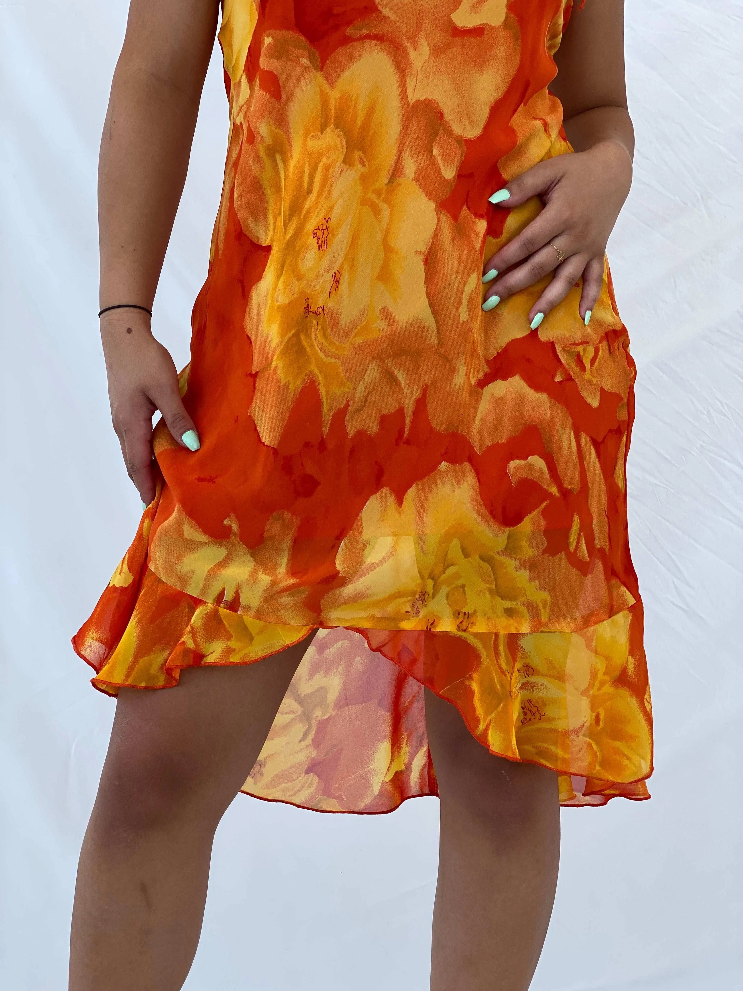 Vintage 90s Orange and Yellow Floral Midi Dress - S - Balagan Vintage Midi Dress 00s, 90s dress, Lana, midi dress, summer