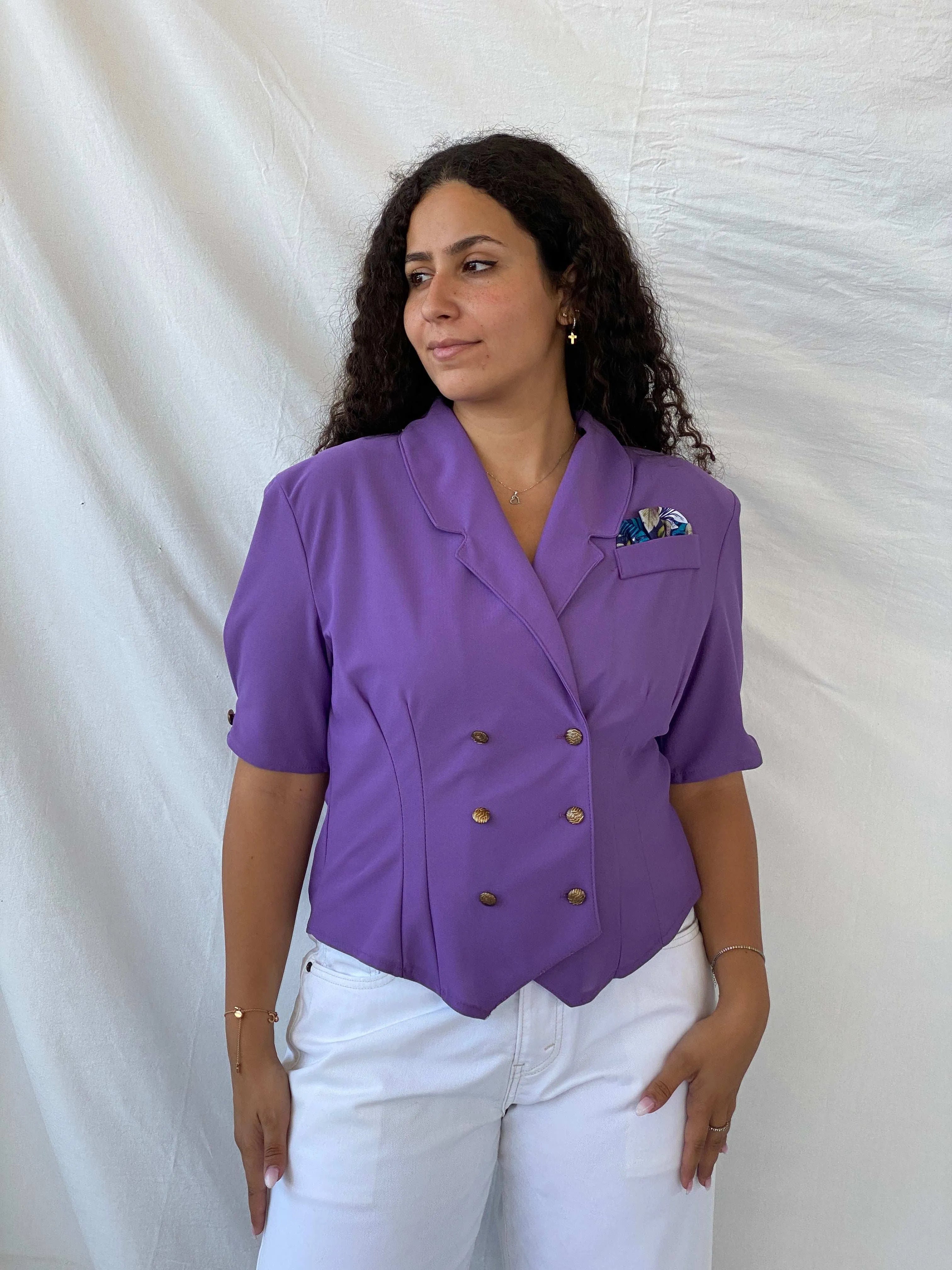 Vintage 90s Pleat Half-Sleeve Purple Buttoned Women’s Blazer - L - Balagan Vintage Half Sleeve Blazer 00s, 90s, blazer, Dina, half sleeve blazer, mesh, mesh top, vintage blazer