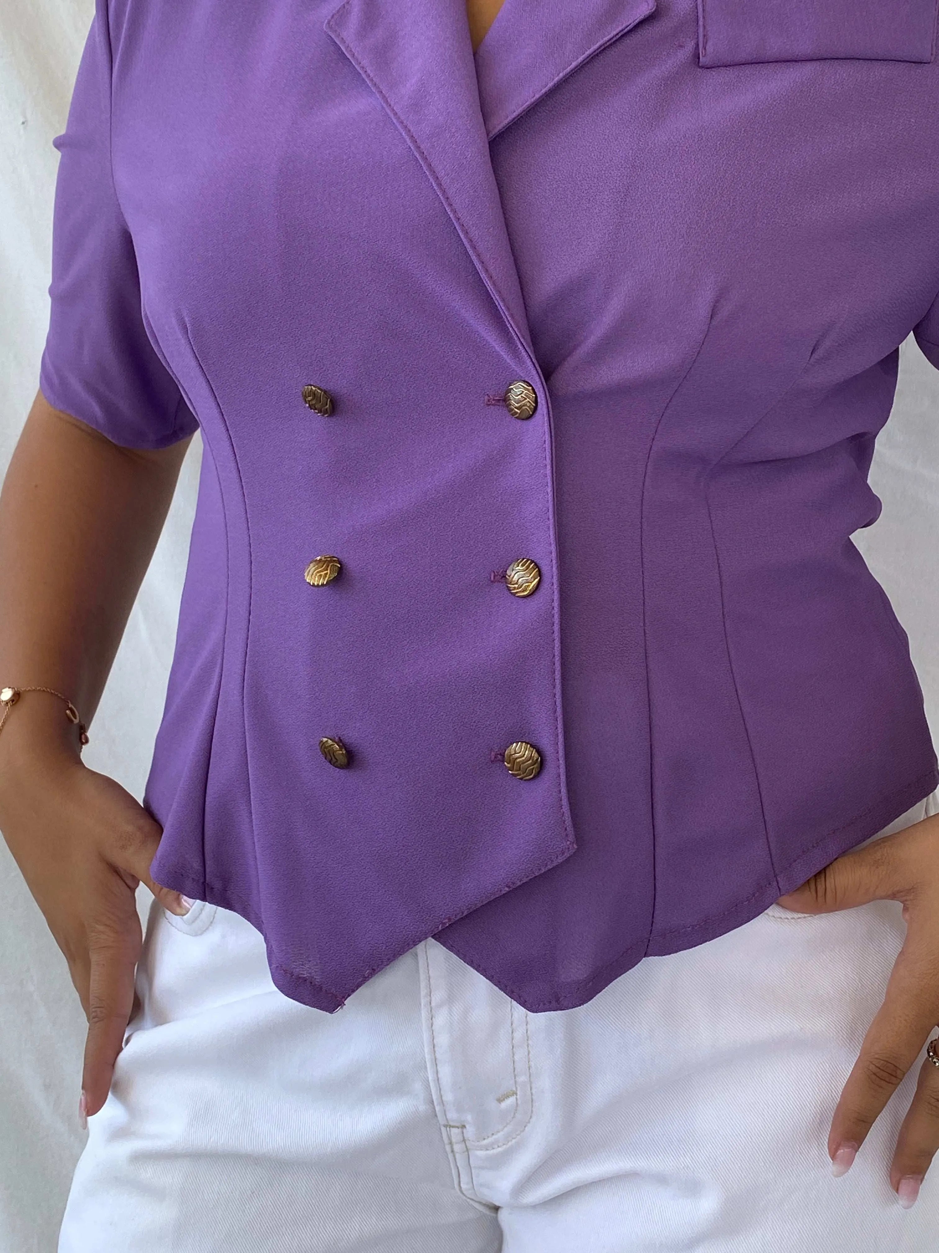 Vintage 90s Pleat Half-Sleeve Purple Buttoned Women’s Blazer - L - Balagan Vintage Half Sleeve Blazer 00s, 90s, blazer, Dina, half sleeve blazer, mesh, mesh top, vintage blazer