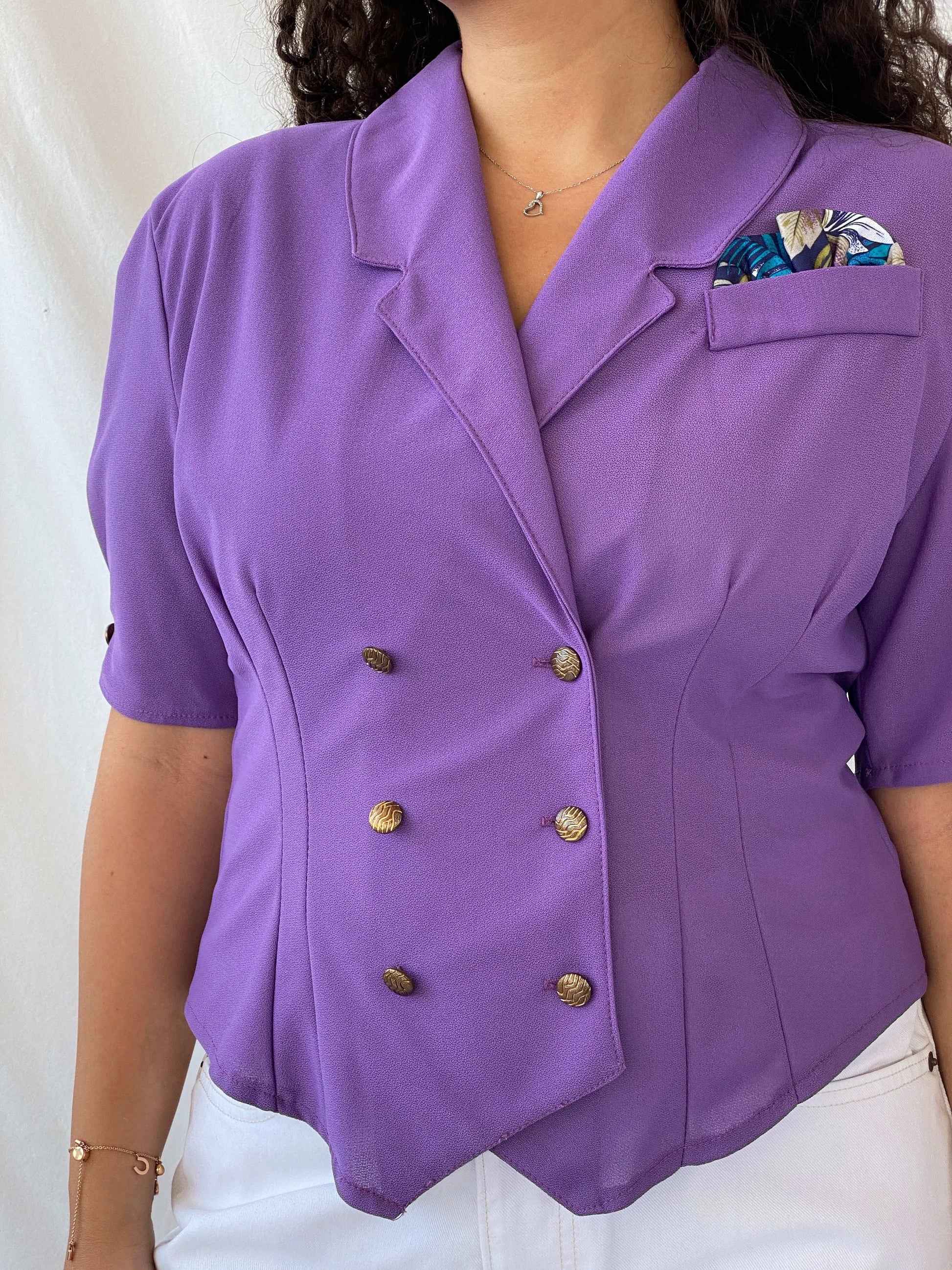 Vintage 90s Pleat Half-Sleeve Purple Buttoned Women’s Blazer - L - Balagan Vintage Half Sleeve Blazer 00s, 90s, blazer, Coats&Jackets, Dina, half sleeve blazer, mesh, mesh top, vintage blazer, Women's Blazers