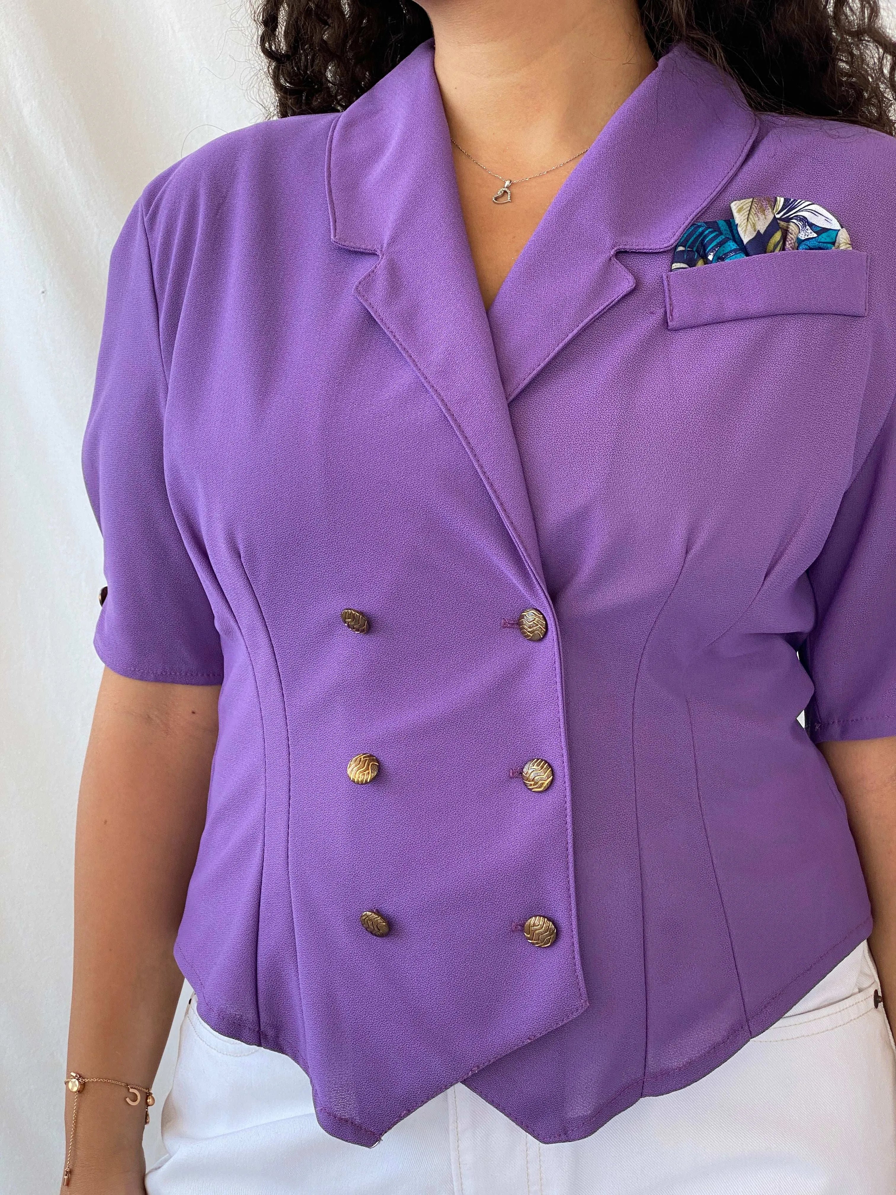Vintage 90s Pleat Half-Sleeve Purple Buttoned Women’s Blazer - L - Balagan Vintage Half Sleeve Blazer 00s, 90s, blazer, Dina, half sleeve blazer, mesh, mesh top, vintage blazer