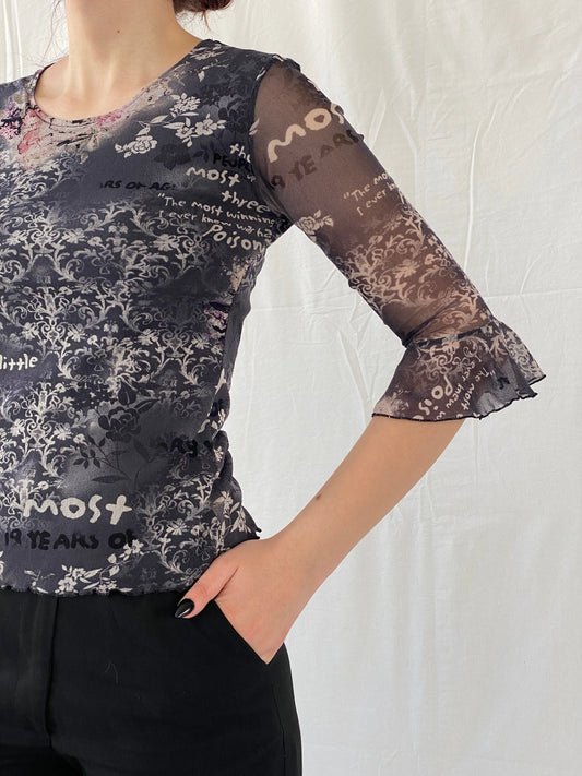 Vintage 90s Pure & Simple Black Graphic 3/4 Sleeve Mesh Top - S - Balagan Vintage Full Sleeve Top 00s, Ayah, graphic, graphic top, mesh top, Top, women top