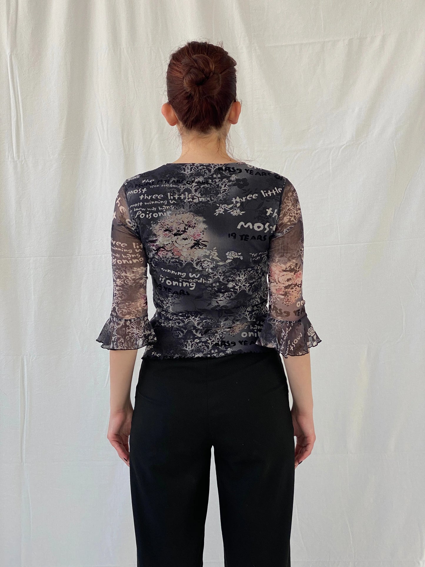 Vintage 90s Pure & Simple Black Graphic 3/4 Sleeve Mesh Top - S - Balagan Vintage Full Sleeve Top 00s, Ayah, graphic, graphic top, mesh top, Top, women top