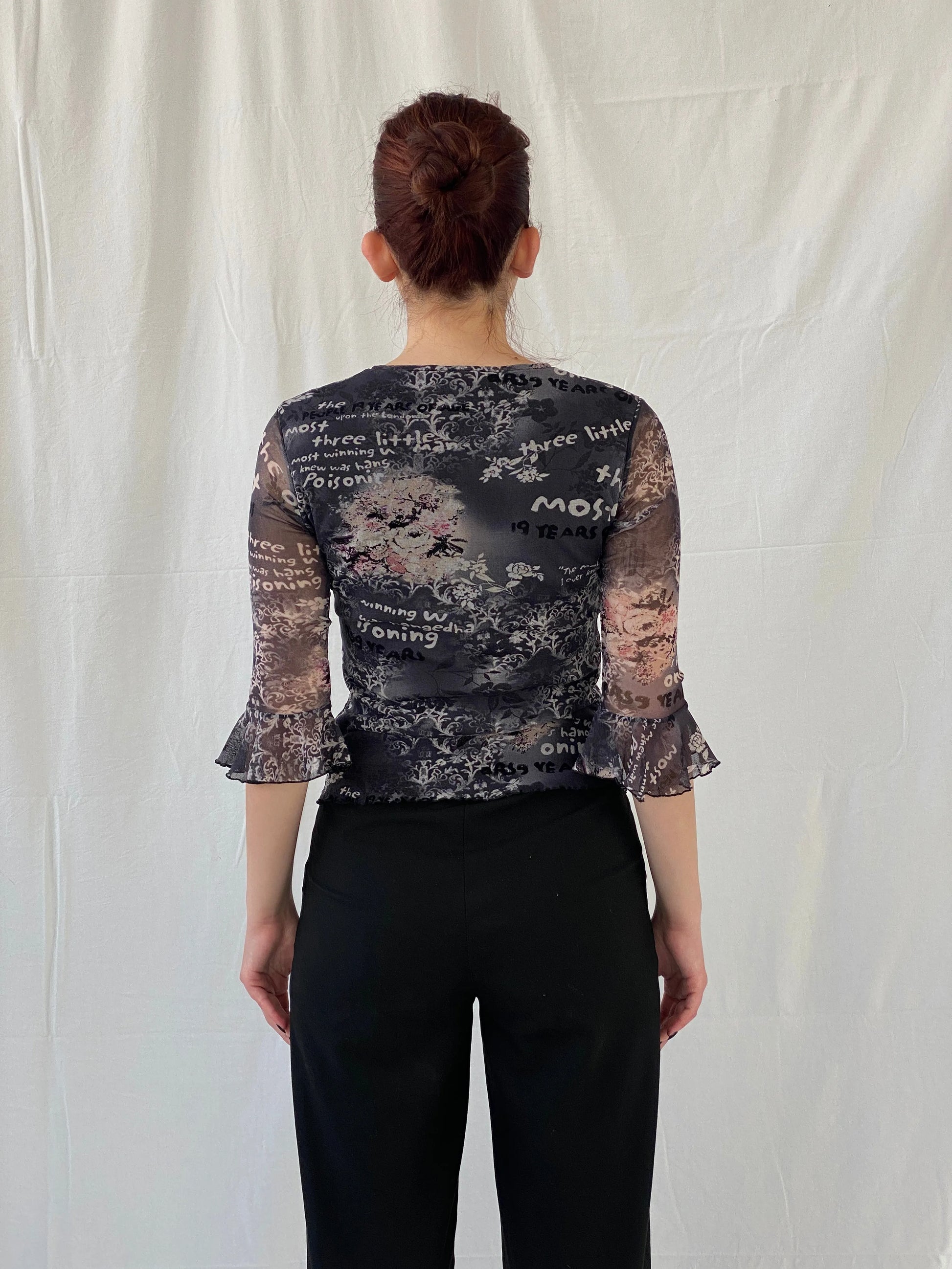 Vintage 90s Pure & Simple Black Graphic 3/4 Sleeve Mesh Top - S - Balagan Vintage Full Sleeve Top 00s, Ayah, graphic, graphic top, mesh top, Top, women top