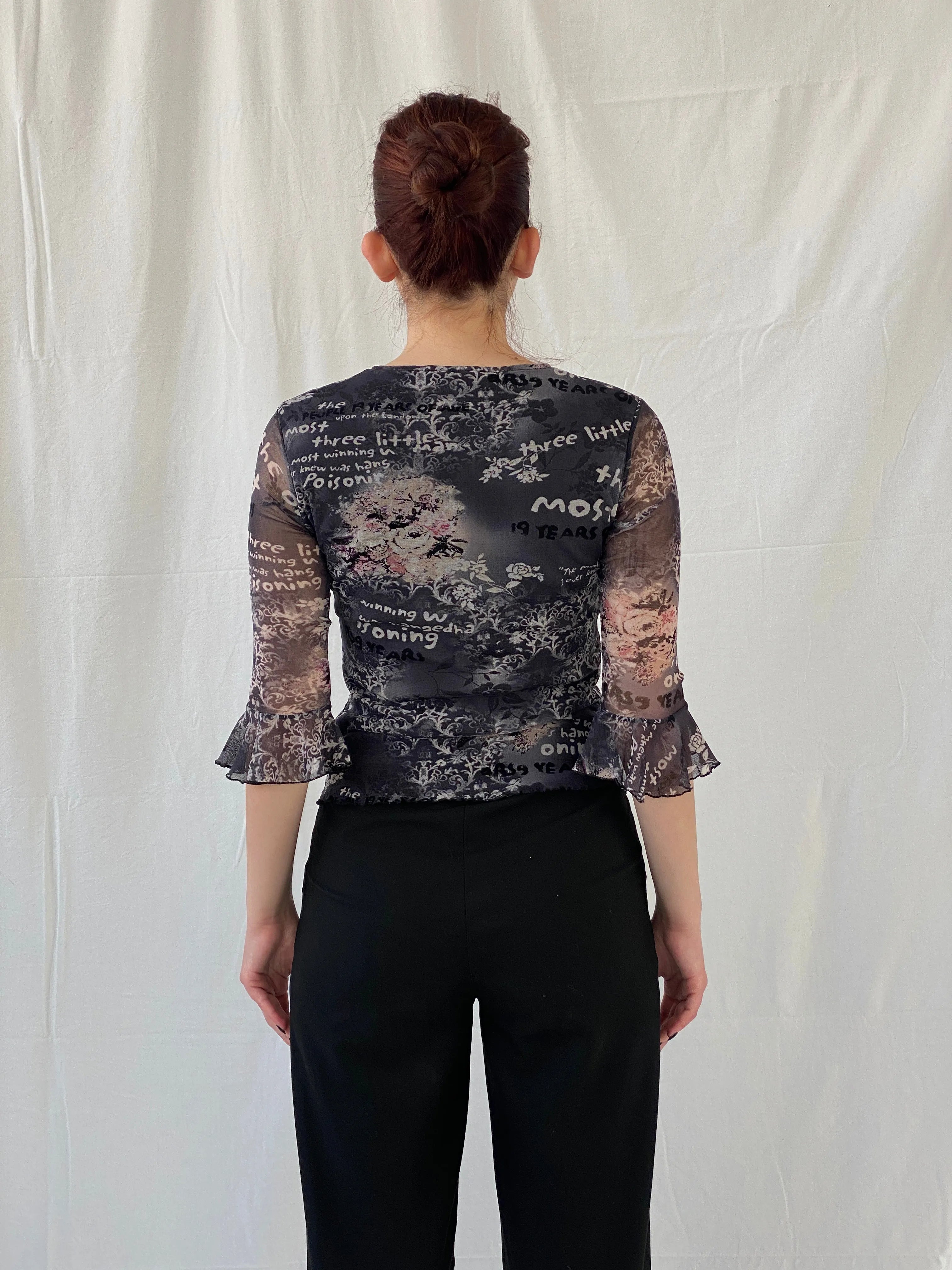 Vintage 90s Pure & Simple Black Graphic 3/4 Sleeve Mesh Top - S - Balagan Vintage Full Sleeve Top 00s, Ayah, graphic, graphic top, mesh top, Top, women top