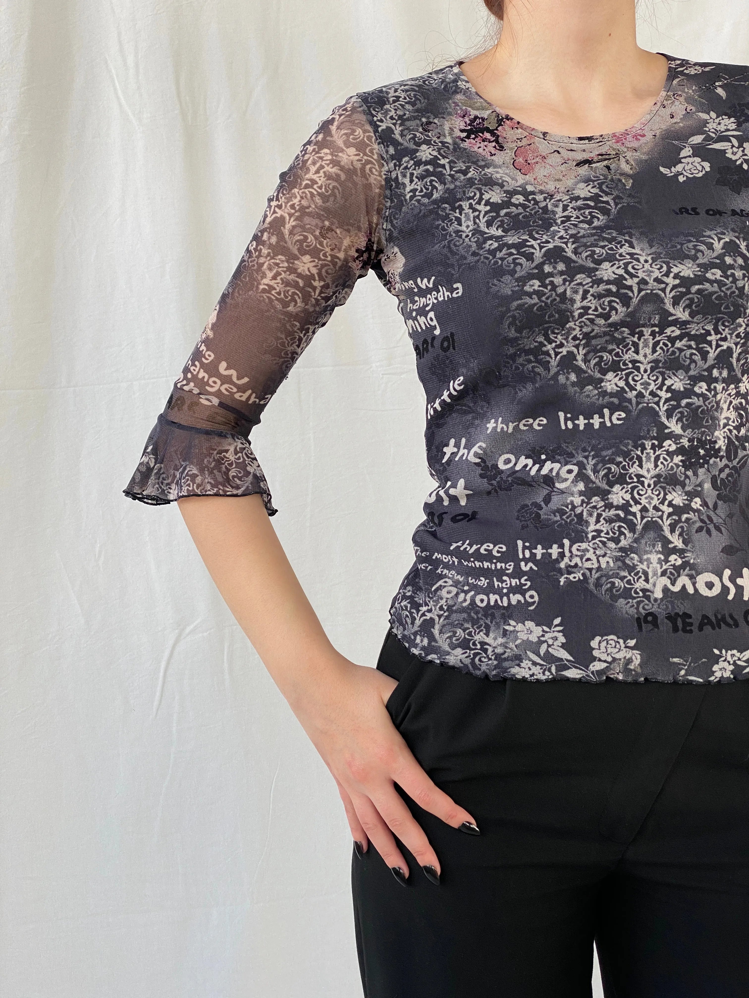 Vintage 90s Pure & Simple Black Graphic 3/4 Sleeve Mesh Top - S - Balagan Vintage Full Sleeve Top 00s, Ayah, graphic, graphic top, mesh top, Top, women top
