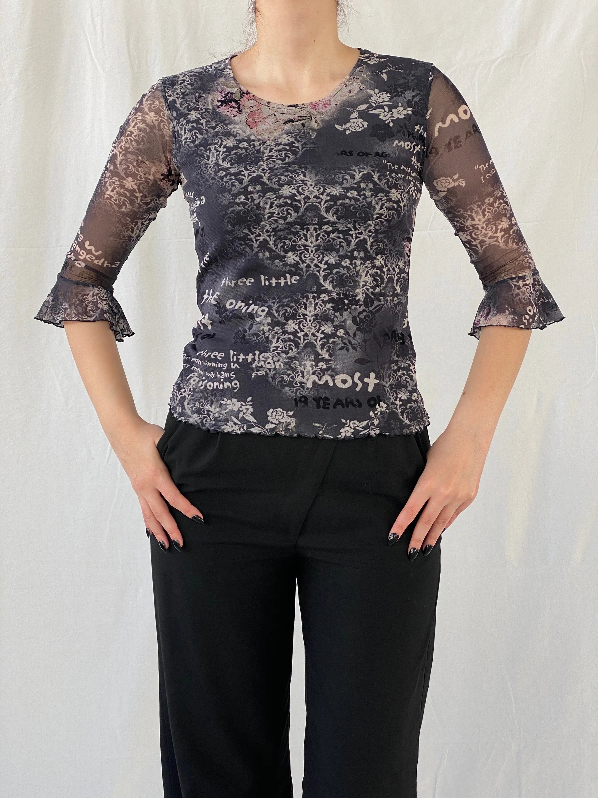 Vintage 90s Pure & Simple Black Graphic 3/4 Sleeve Mesh Top - S - Balagan Vintage Full Sleeve Top 00s, Ayah, graphic, graphic top, mesh top, Top, women top