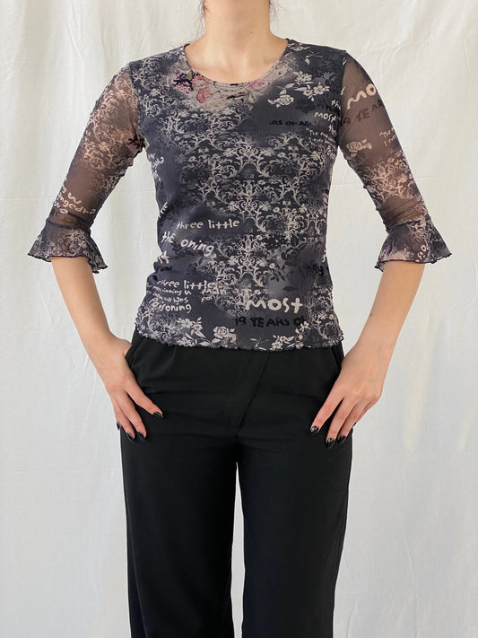 Vintage 90s Pure & Simple Black Graphic 3/4 Sleeve Mesh Top - S - Balagan Vintage Full Sleeve Top 00s, Ayah, graphic, graphic top, mesh top, Top, women top