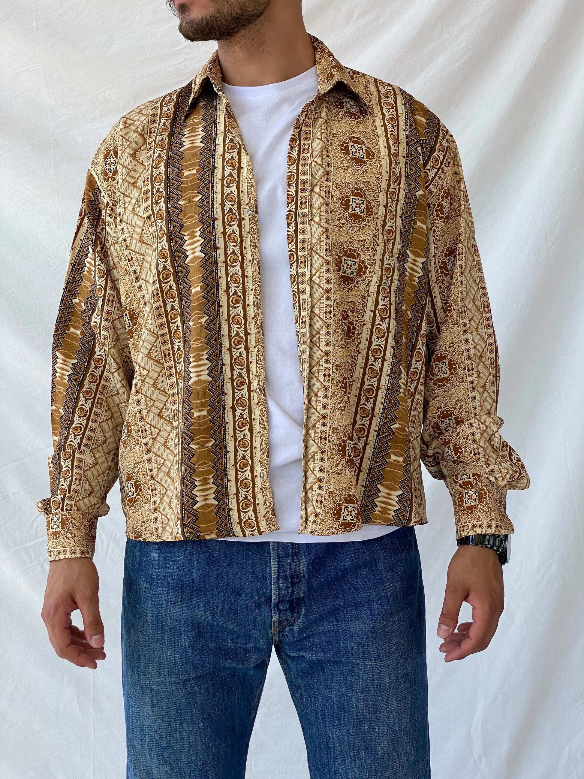 Vintage 90s RG Club Neutral Tone Full Sleeve Shirt - L - Balagan Vintage Full sleeve Shirt 90s, full sleeve shirt, mens shirt, printed shirt, Ramez
