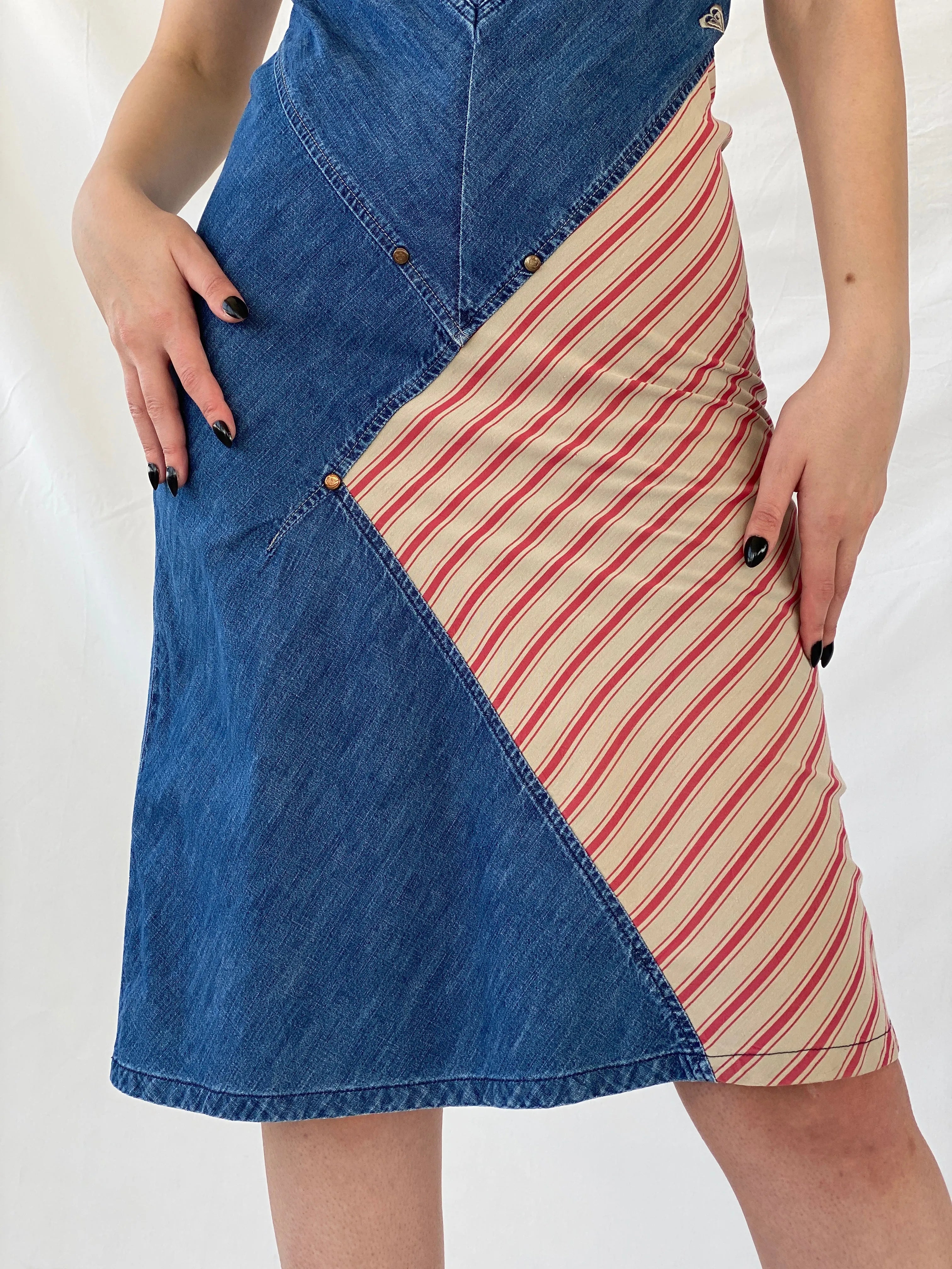 Vintage 90s Roxy Life Quicksilver Denim Striped Red Patch Midi Dress - S - Balagan Vintage Midi Dress Ayah, denim, dress, midi dress, summer dress