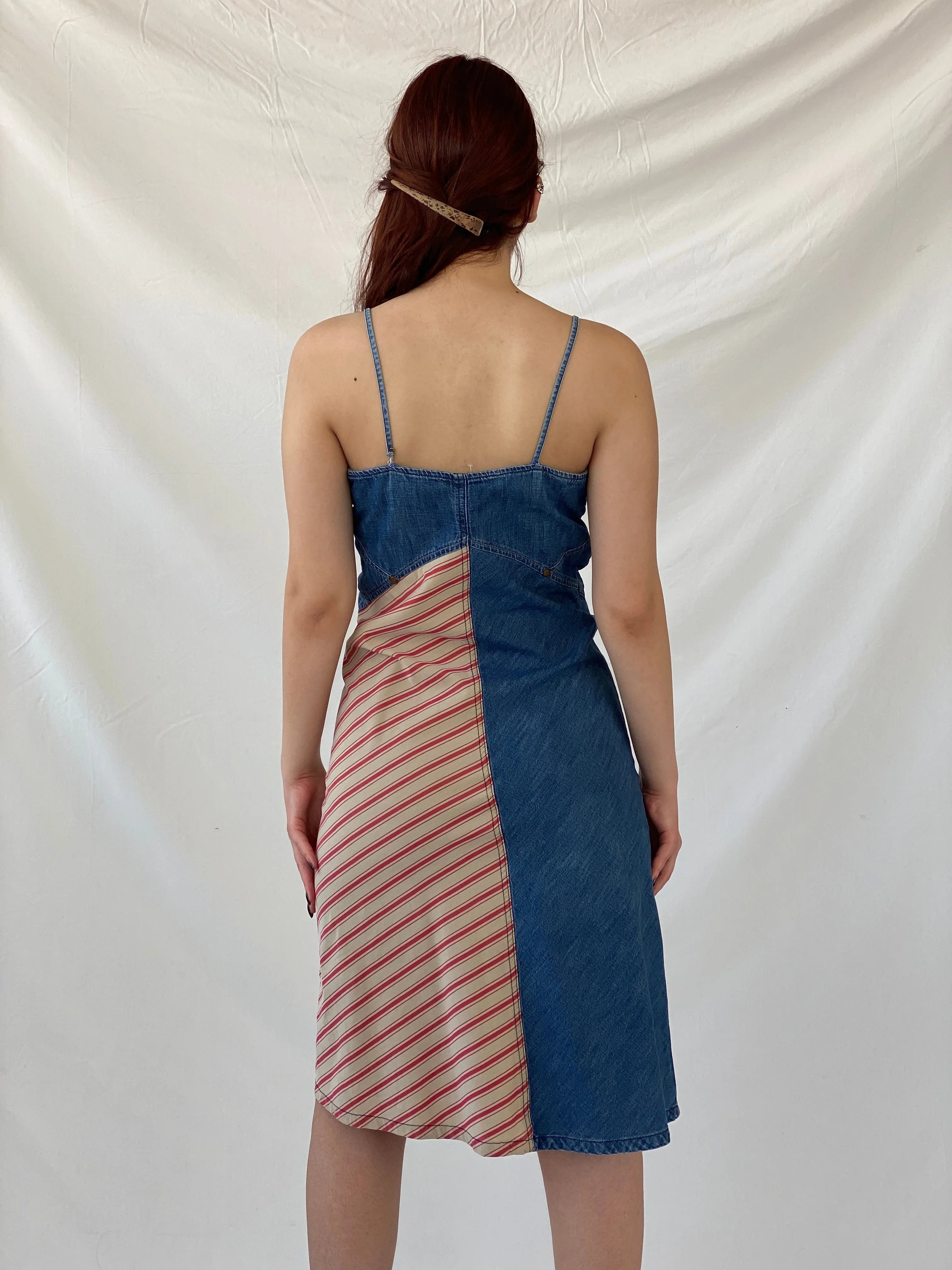 Vintage 90s Roxy Life Quicksilver Denim Striped Red Patch Midi Dress - S - Balagan Vintage Midi Dress Ayah, denim, dress, midi dress, summer dress