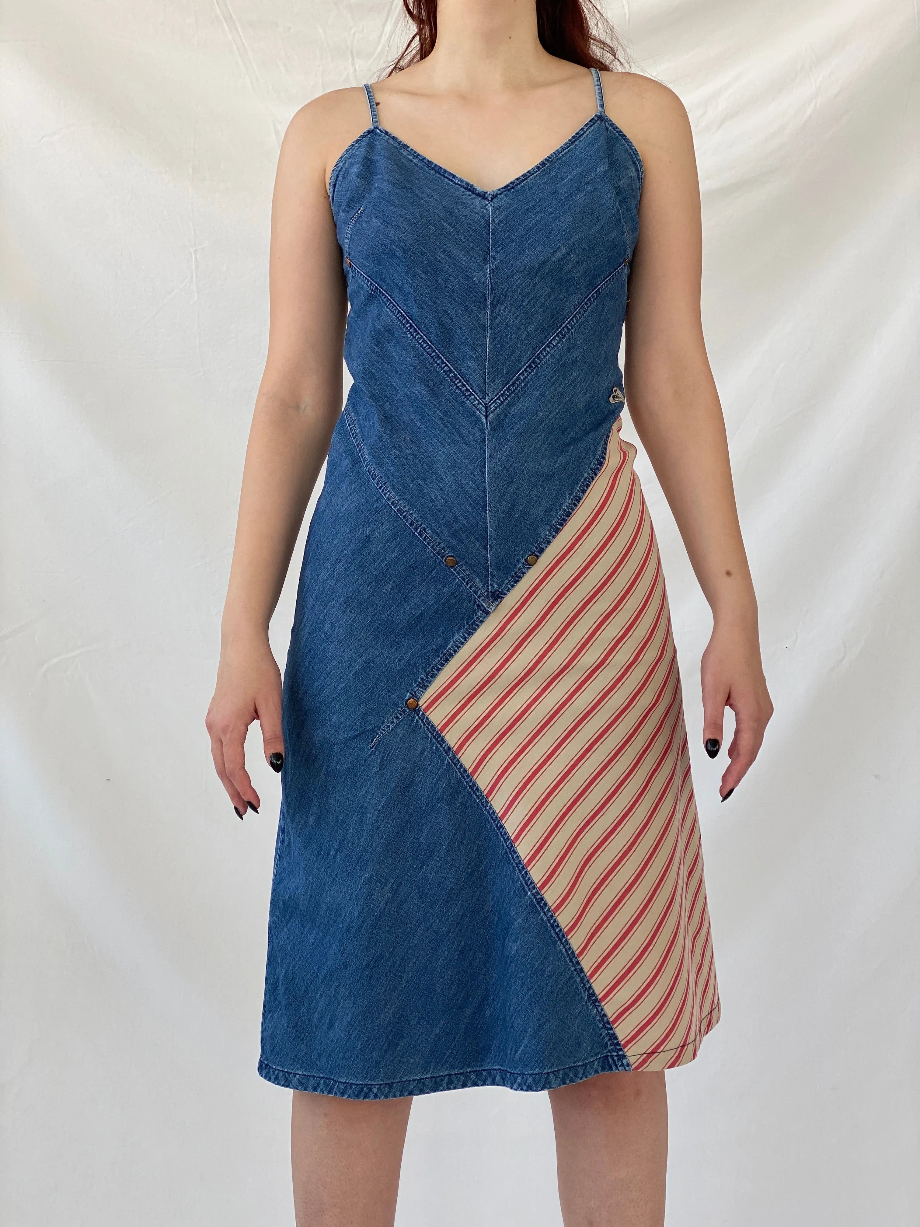 Vintage 90s Roxy Life Quicksilver Denim Striped Red Patch Midi Dress - S - Balagan Vintage Midi Dress Ayah, denim, dress, midi dress, summer dress