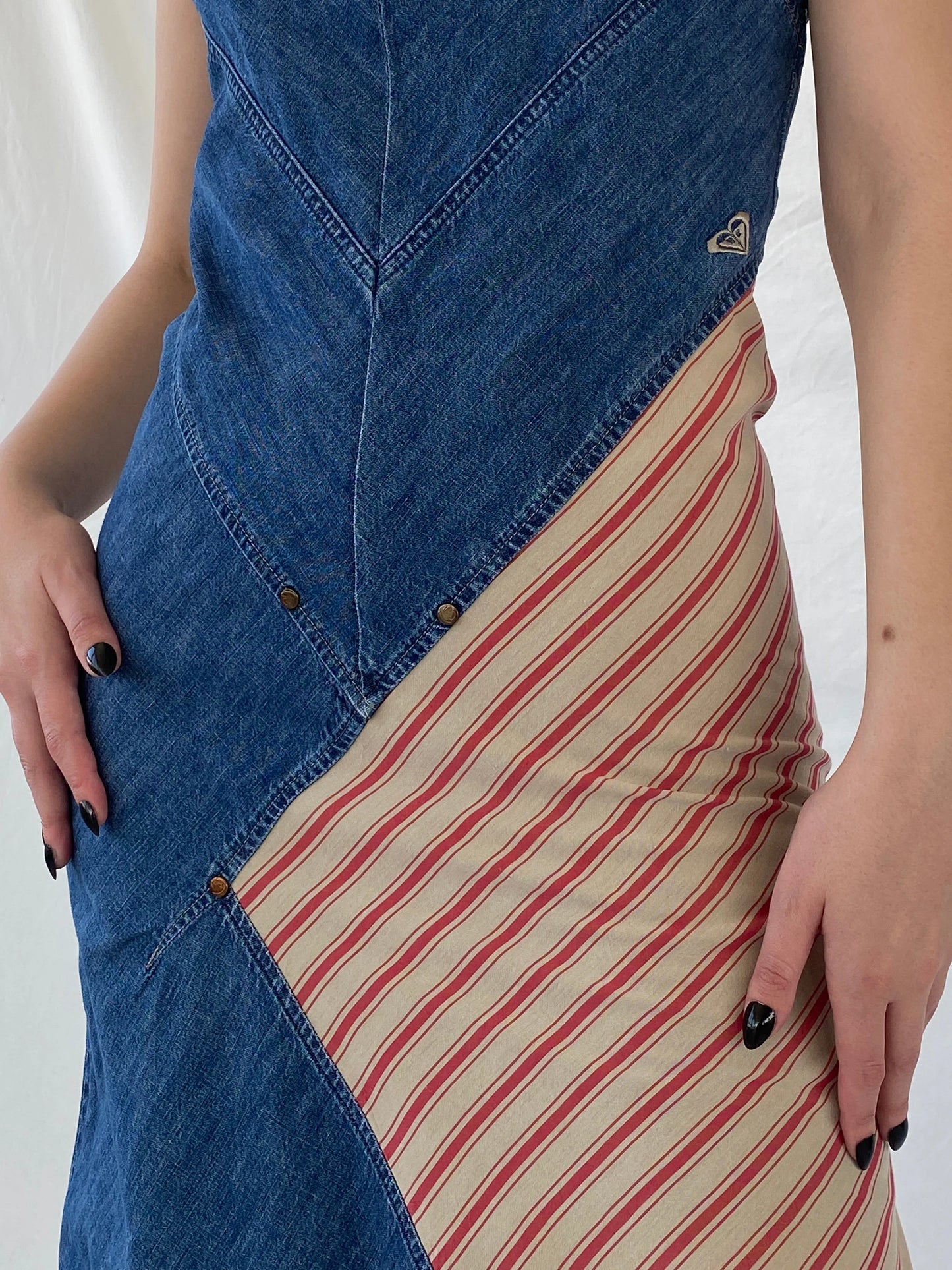 Vintage 90s Roxy Life Quicksilver Denim Striped Red Patch Midi Dress - S - Balagan Vintage Midi Dress Ayah, denim, dress, midi dress, summer dress