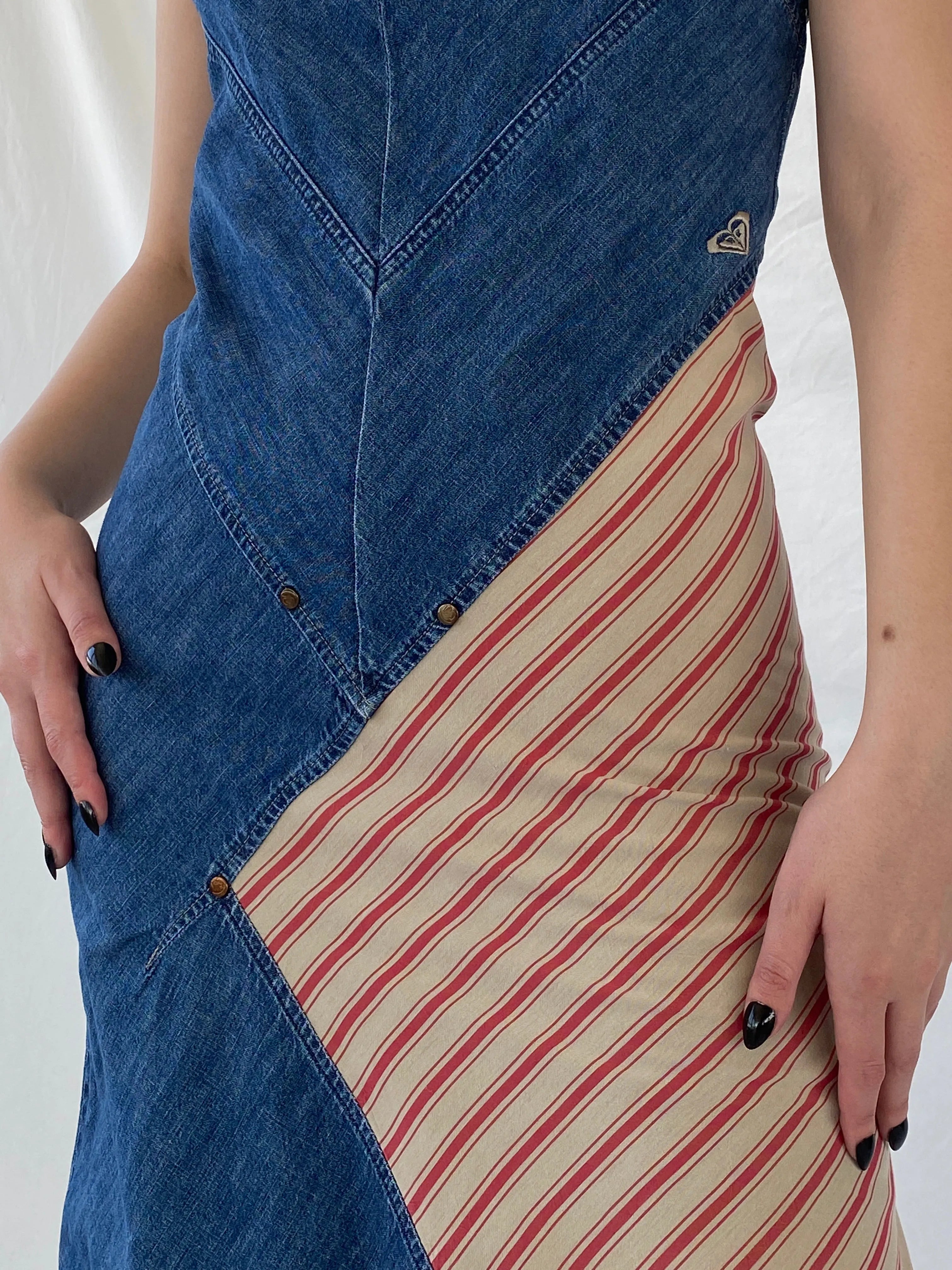 Vintage 90s Roxy Life Quicksilver Denim Striped Red Patch Midi Dress - S - Balagan Vintage Midi Dress Ayah, denim, dress, midi dress, summer dress