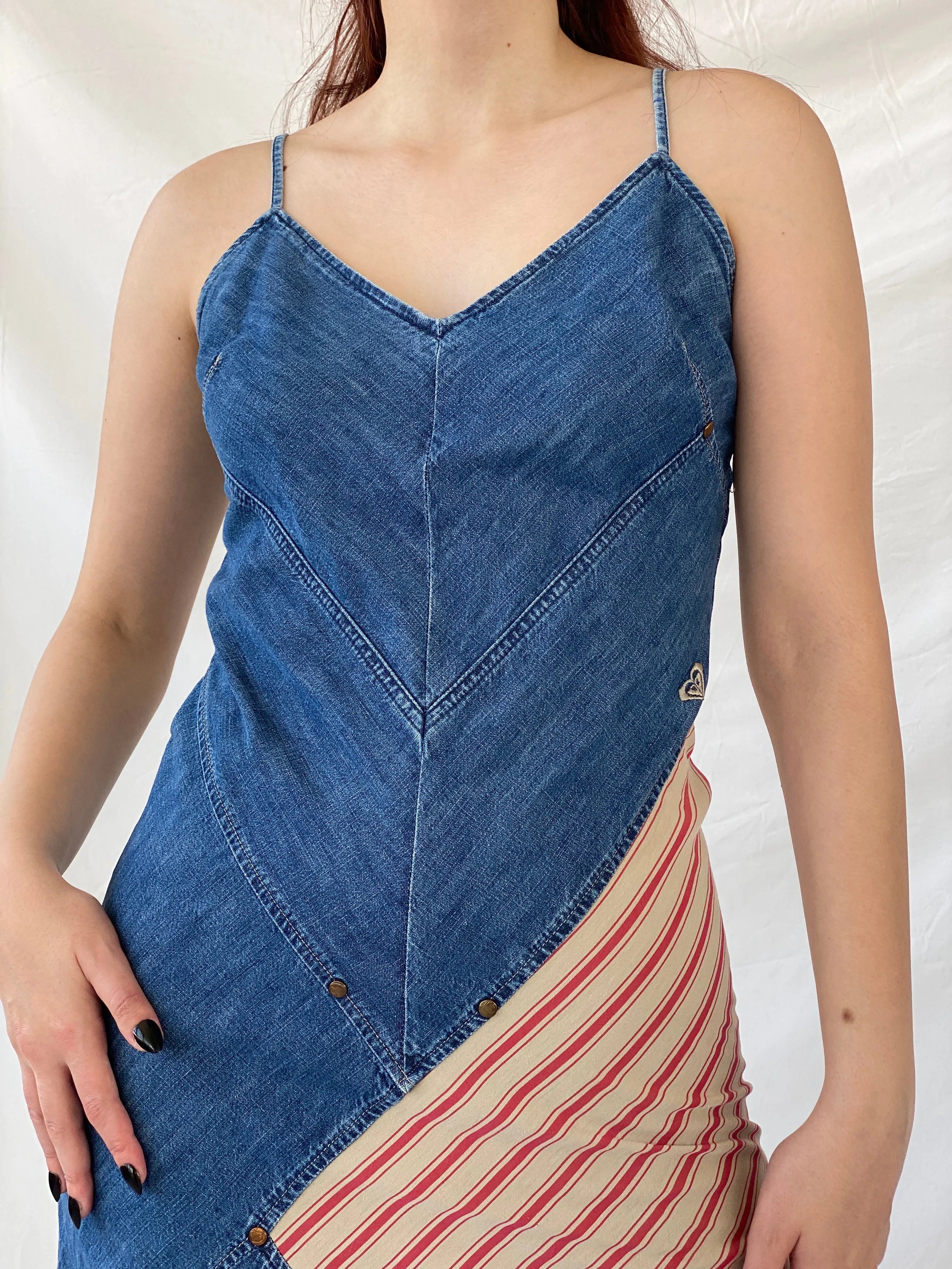 Vintage 90s Roxy Life Quicksilver Denim Striped Red Patch Midi Dress - S - Balagan Vintage Midi Dress Ayah, denim, dress, midi dress, summer dress