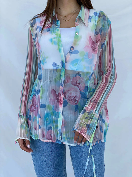 Vintage 90s SE STENAU Sheer Floral Shirt - Size XL - Balagan Vintage Full Sleeve Shirt 90s, floral, floral mesh, floral print, floral shirt, Juana