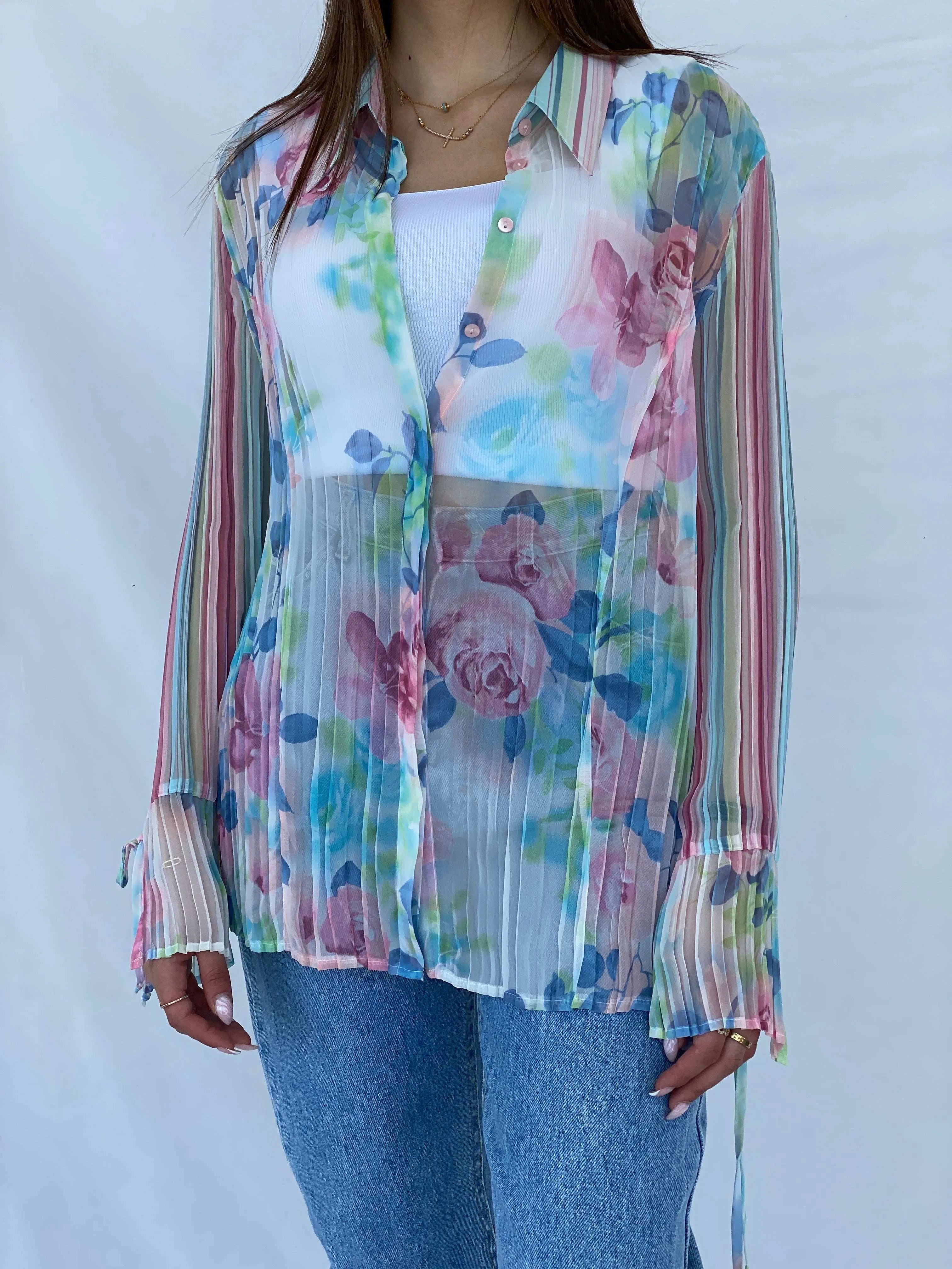 Vintage 90s SE STENAU Sheer Floral Shirt - Size XL - Balagan Vintage Full Sleeve Shirt 90s, floral, floral mesh, floral print, floral shirt, Juana