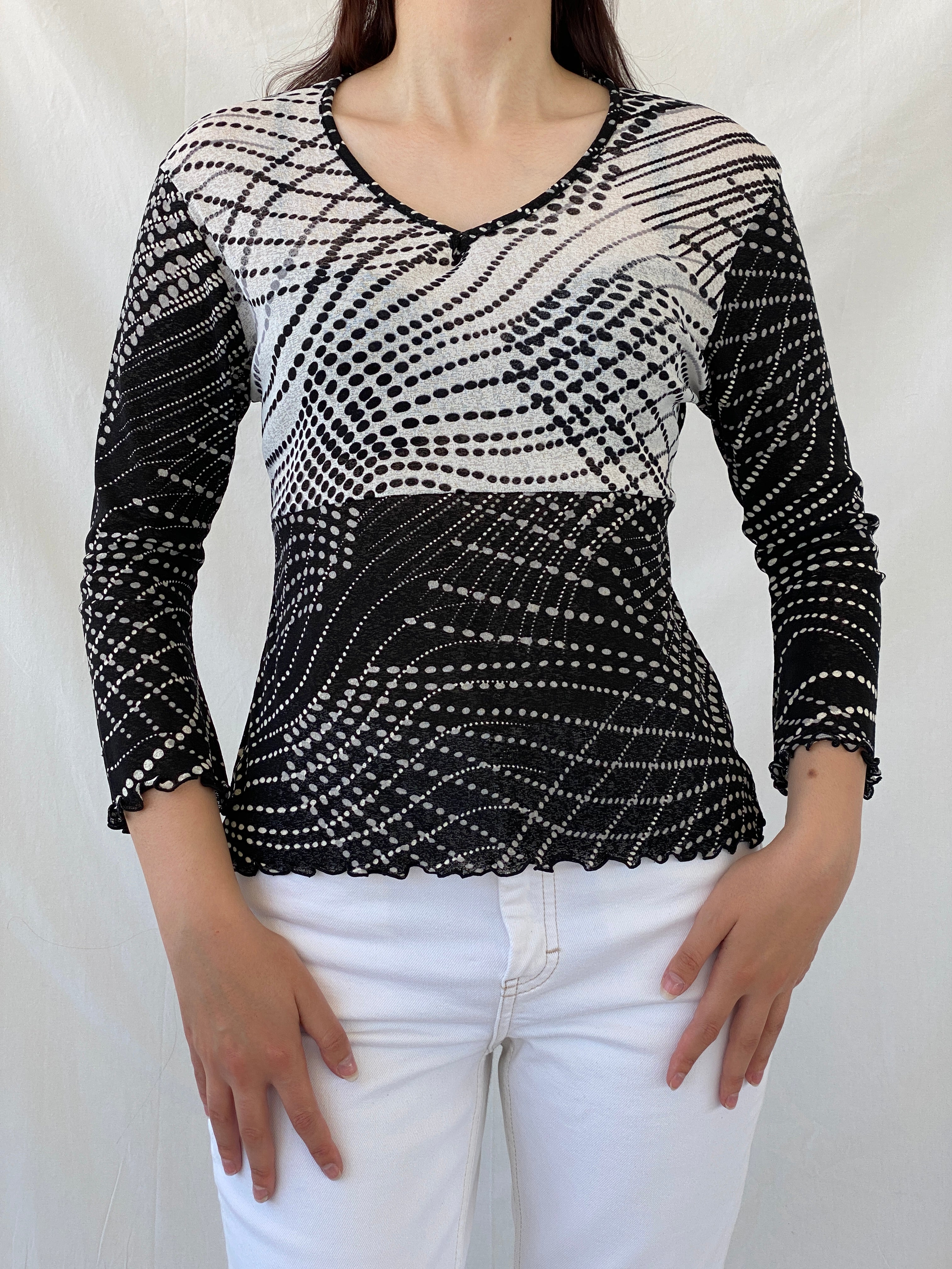Vintage 90s SOLO Italy Black White Polka Dot Long Sleeve Mesh Top - L - Balagan Vintage Full Sleeve Top 90s, Ayah, mesh, NEW IN, summer, women top