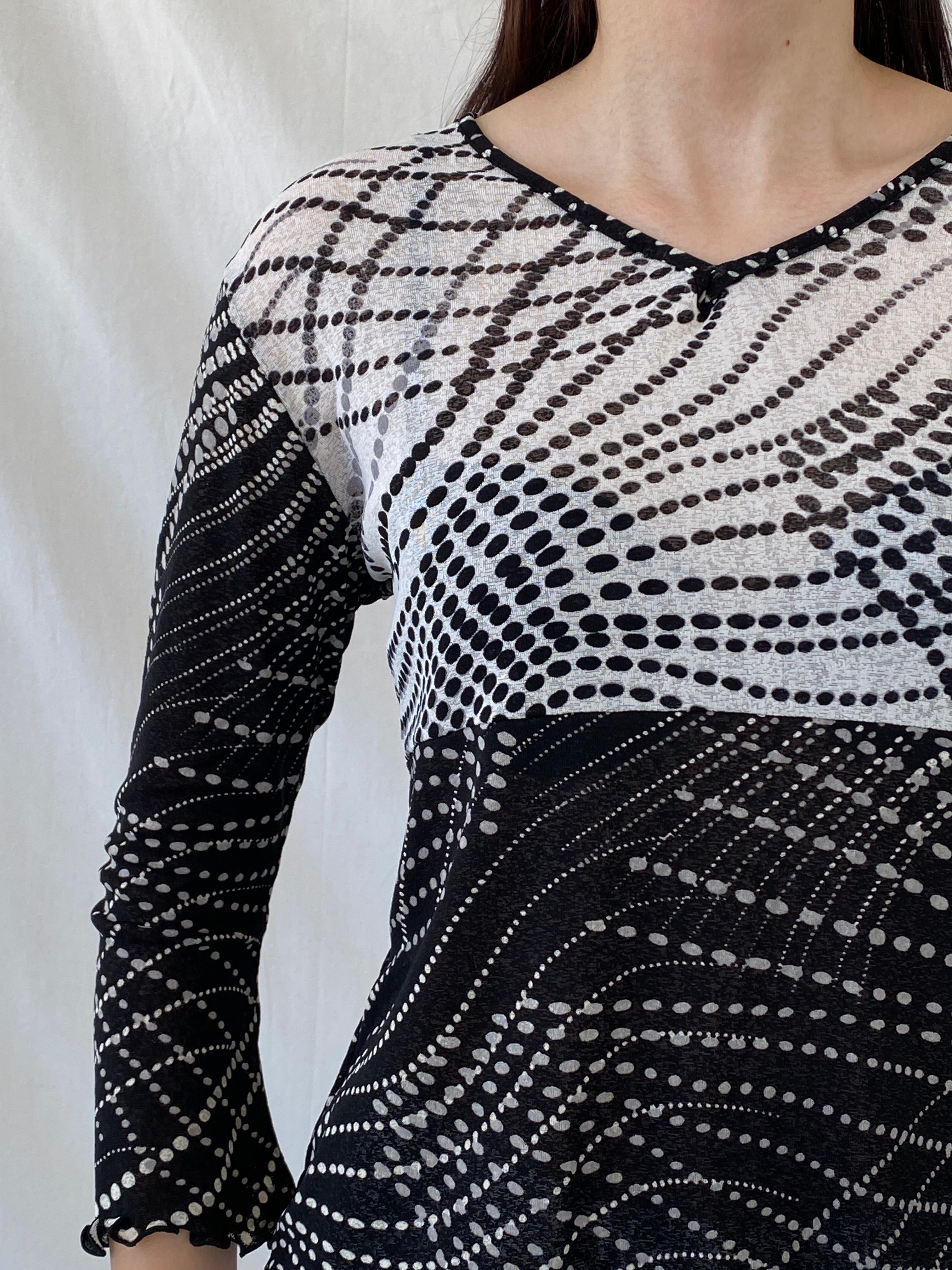 Vintage 90s SOLO Italy Black White Polka Dot Long Sleeve Mesh Top - L - Balagan Vintage Full Sleeve Top 90s, Ayah, mesh, NEW IN, summer, women top