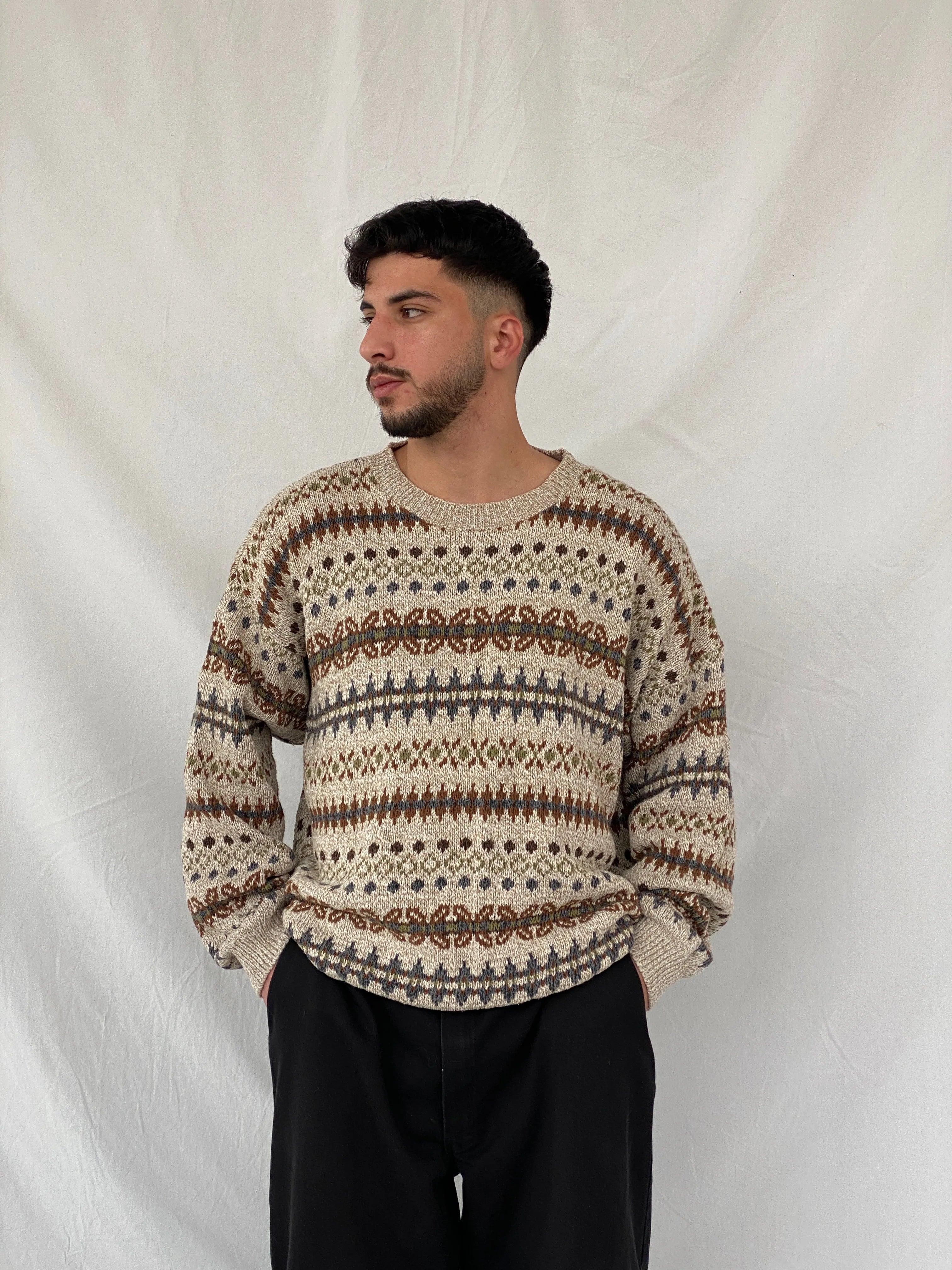 Vintage 90s St. John’s Bay Men’s Cream Western Patterned Knitted Sweater - 3XL - Balagan Vintage Sweater 90s, Hamza, knitted sweater, sweater, winter
