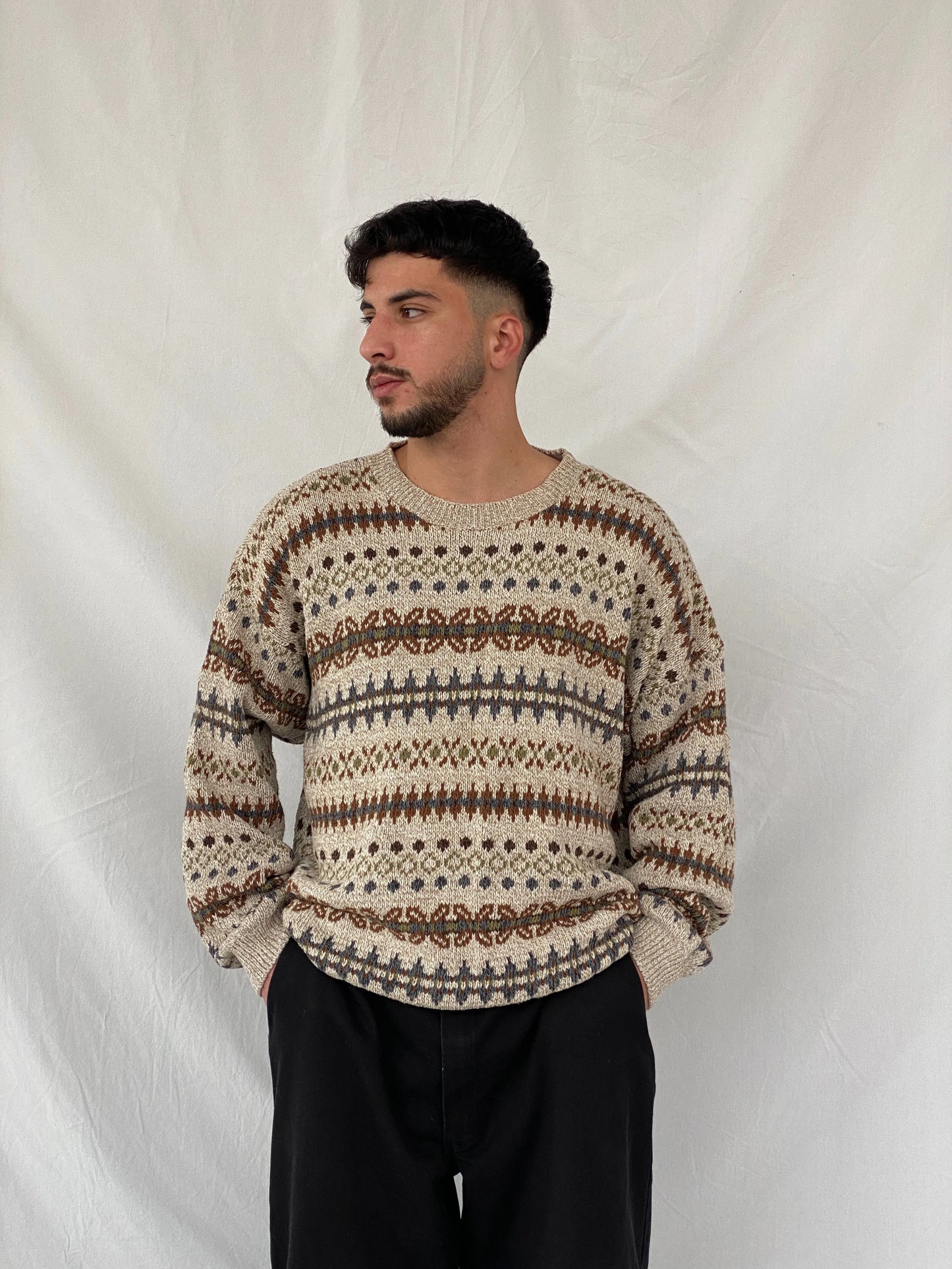 Vintage 90s St. John’s Bay Men’s Cream Western Patterned Knitted Sweater - 3XL - Balagan Vintage Sweater 90s, Hamza, knitted sweater, sweater, winter