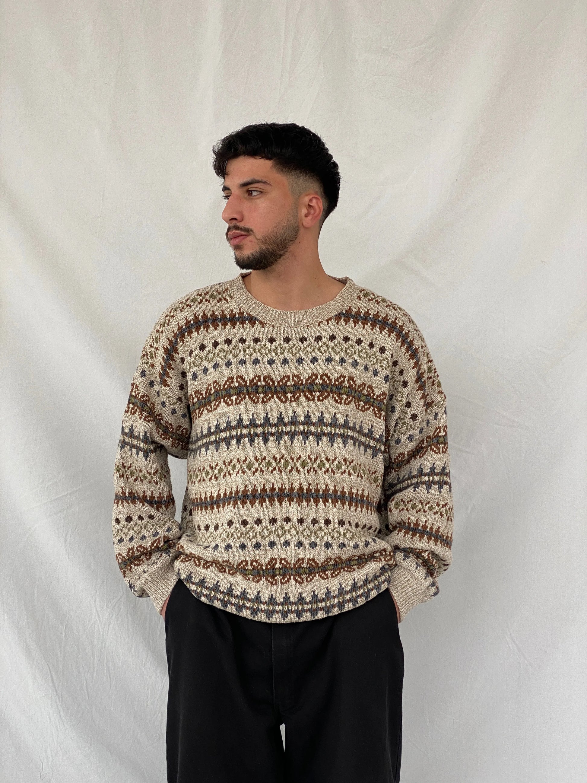 Vintage 90s St. John’s Bay Men’s Cream Western Patterned Knitted Sweater - 3XL - Balagan Vintage Sweater 90s, Hamza, knitted sweater, sweater, winter