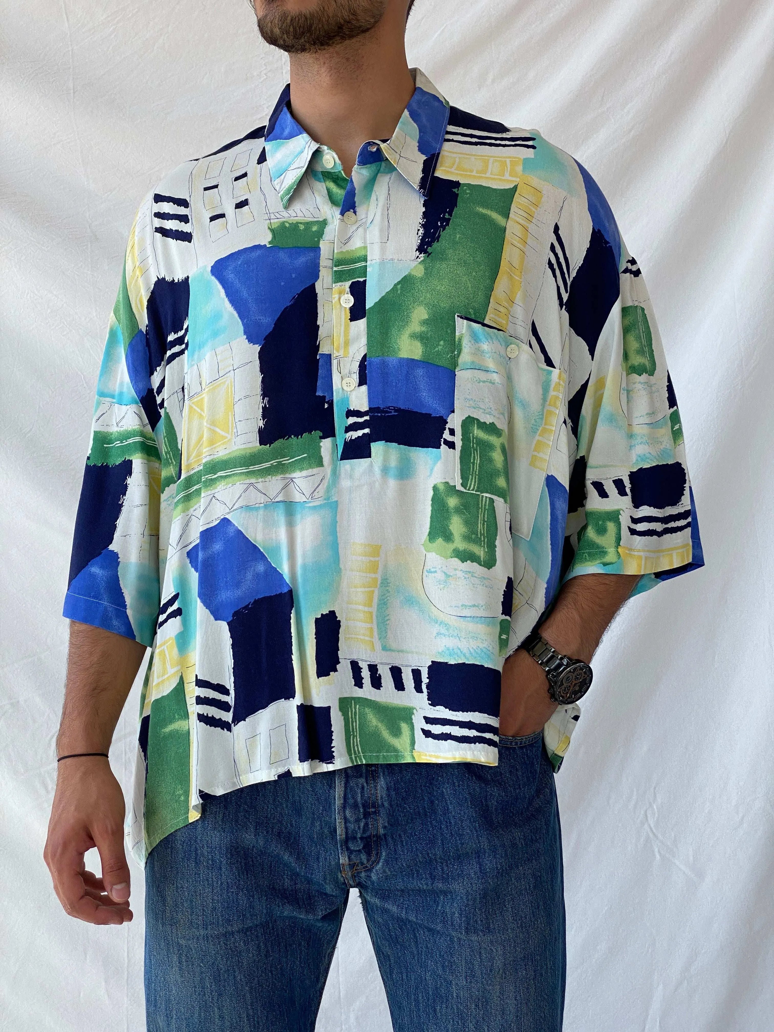 Vintage 90s Streetwear Alan Stuart Cropped Abstract Polo Shirt - 2XL - Balagan Vintage Half Sleeve Top 90s, graphic top, men top, Ramez
