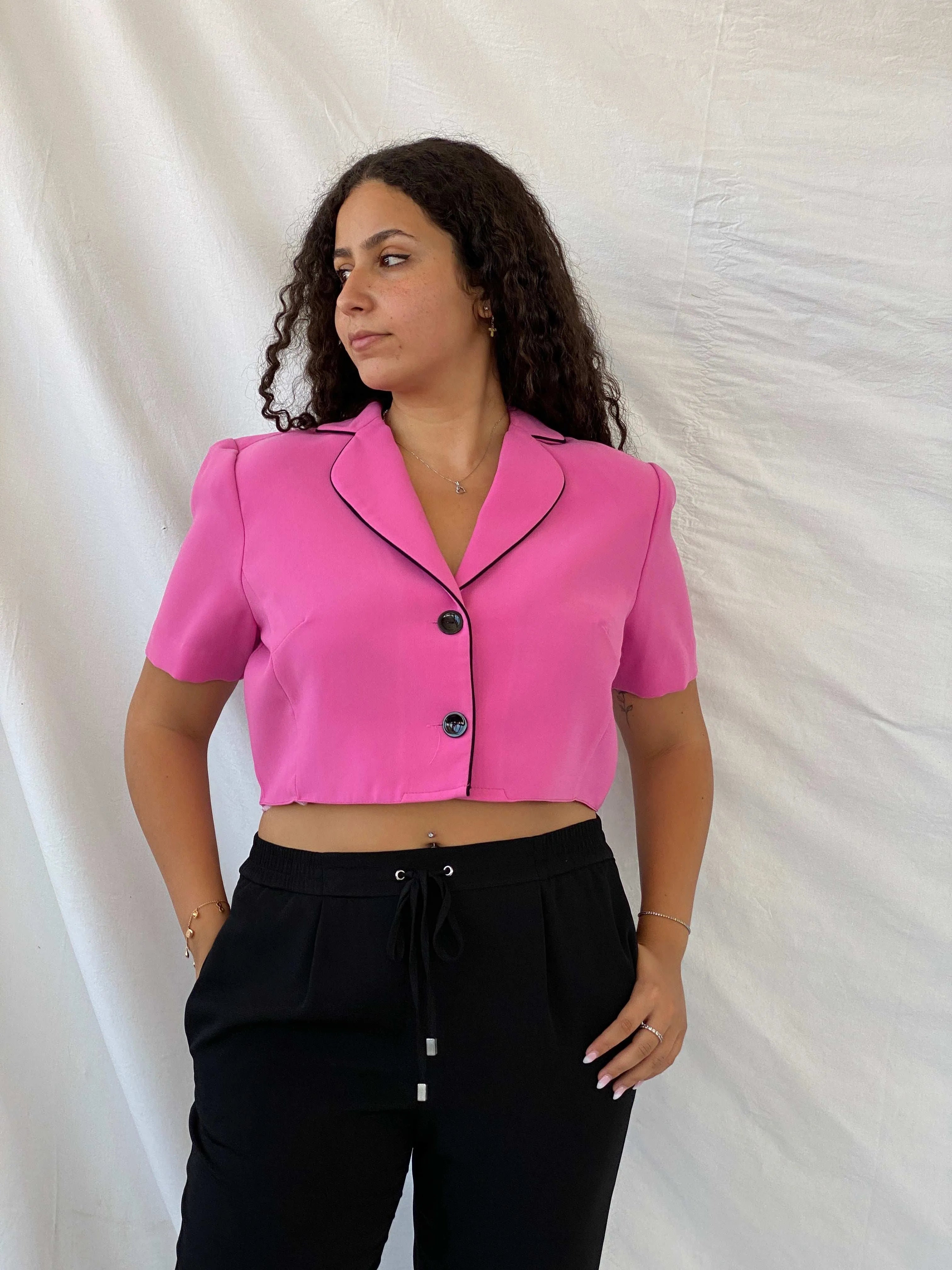 Vintage 90s Studio I Hot Pink Cropped Half-Sleeve Blazer - L - Balagan Vintage Half Sleeve Blazer 00s, 90s, cropped, Dina, floral top, half sleeve blazer, mesh, mesh top