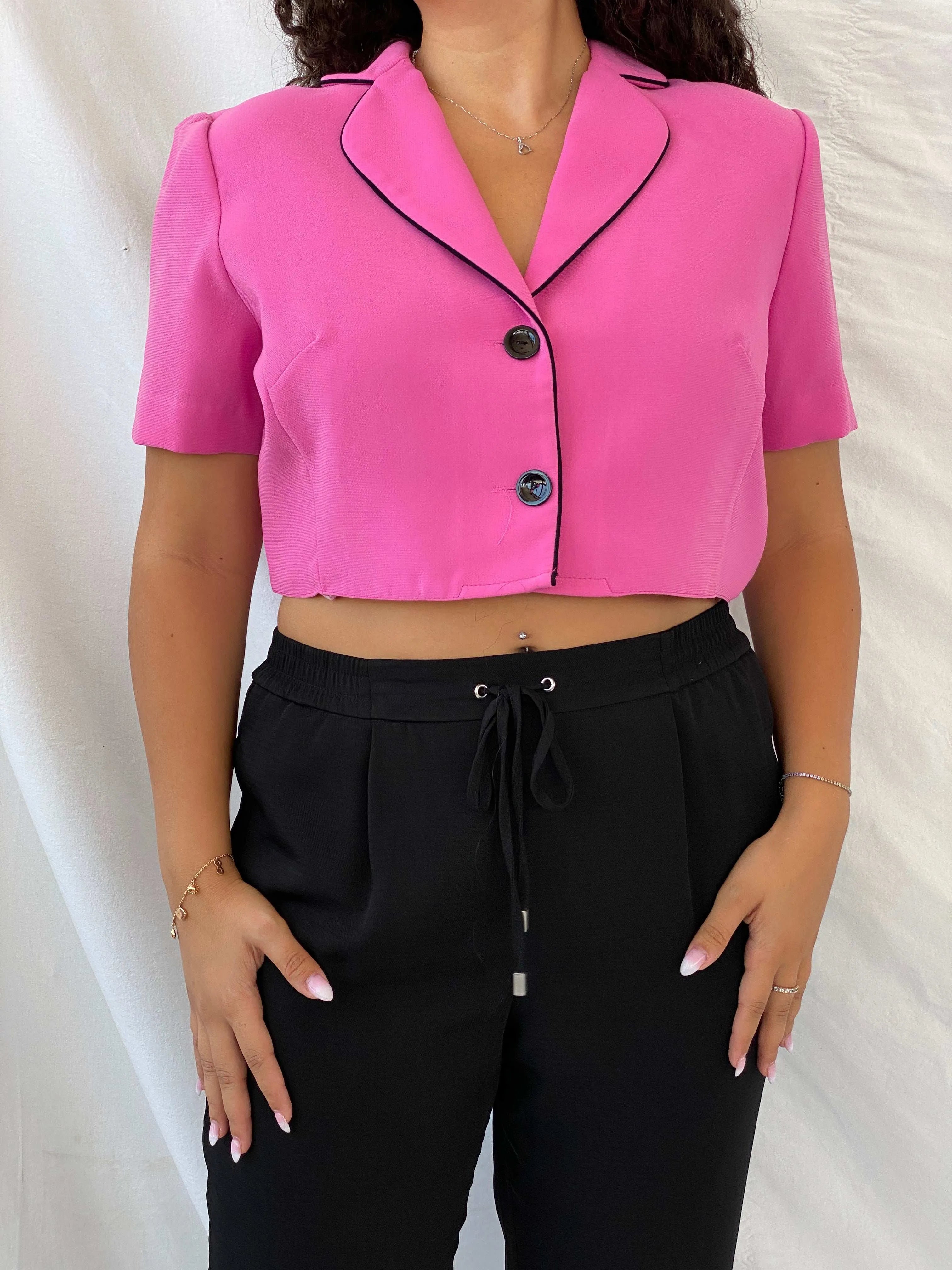 Vintage 90s Studio I Hot Pink Cropped Half-Sleeve Blazer - L - Balagan Vintage Half Sleeve Blazer 00s, 90s, cropped, Dina, floral top, half sleeve blazer, mesh, mesh top