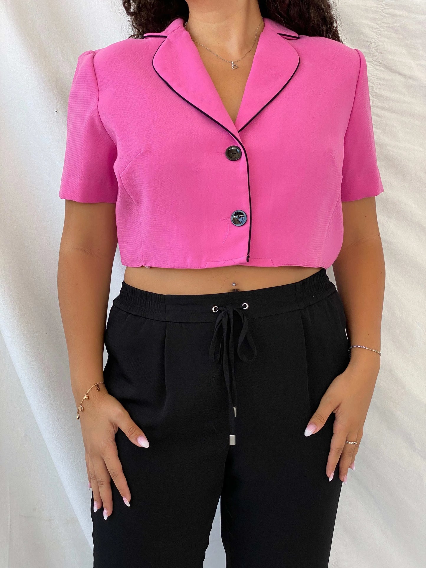 Vintage 90s Studio I Hot Pink Cropped Half-Sleeve Blazer - L - Balagan Vintage Half Sleeve Blazer 00s, 90s, Coats&Jackets, cropped, Dina, floral top, half sleeve blazer, mesh, mesh top, Women's Blazers