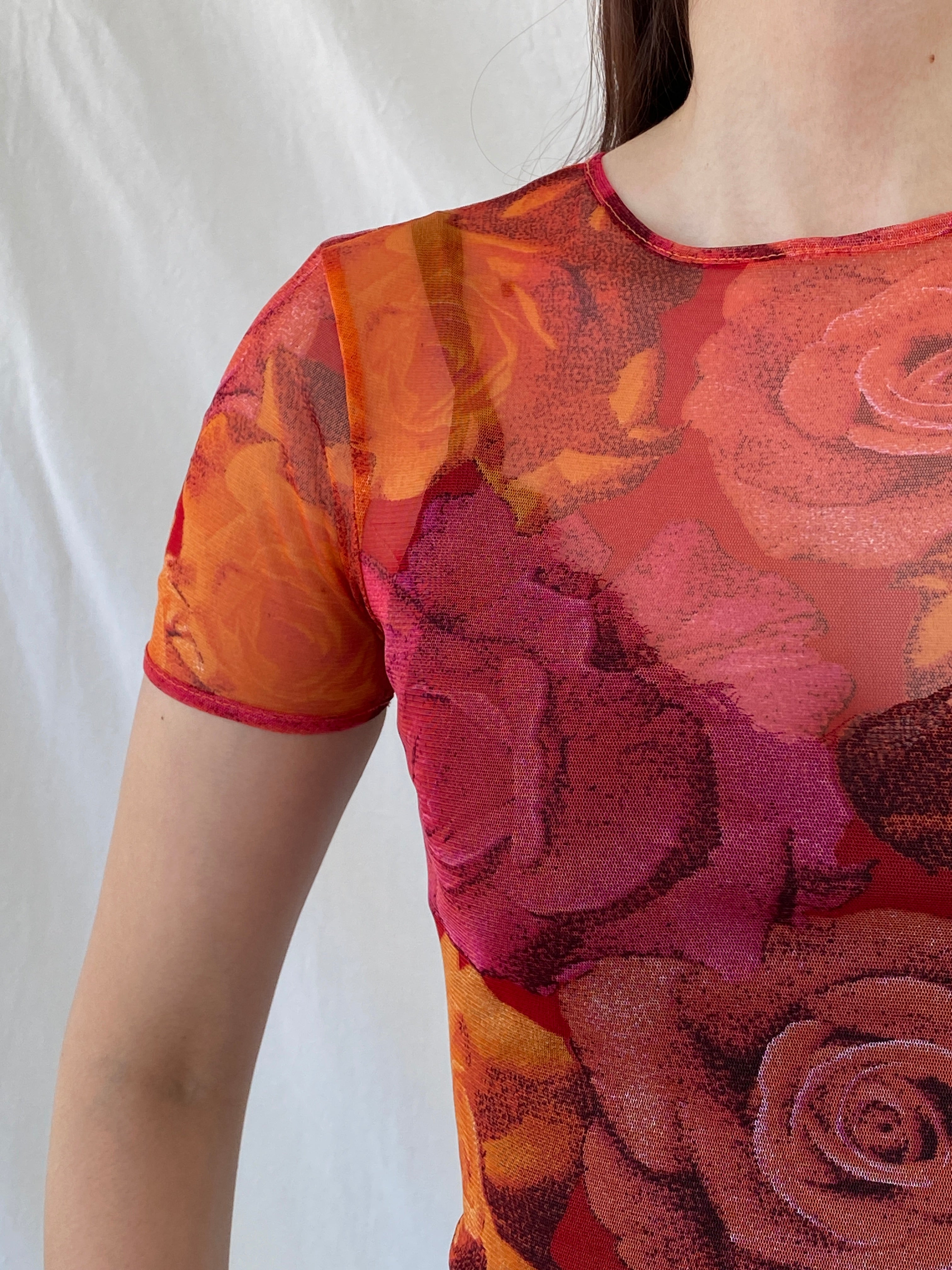 Vintage 90s Teddy Smith Orange Pink Floral Short Sleeve Mesh Top - M - Balagan Vintage Half Sleeve Top 00s, Ayah, floral mesh, mesh, mesh top, NEW IN, summer, women top
