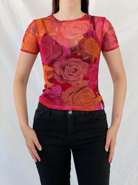 Vintage 90s Teddy Smith Orange Pink Floral Short Sleeve Mesh Top - M - Balagan Vintage Half Sleeve Top 00s, Ayah, floral mesh, mesh, mesh top, NEW IN, summer, women top