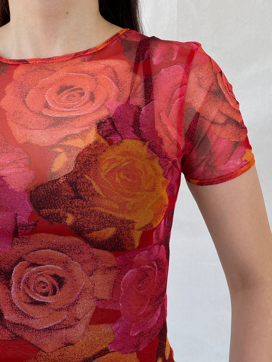 Vintage 90s Teddy Smith Orange Pink Floral Short Sleeve Mesh Top - M - Balagan Vintage Half Sleeve Top 00s, Ayah, floral mesh, mesh, mesh top, NEW IN, summer, women top