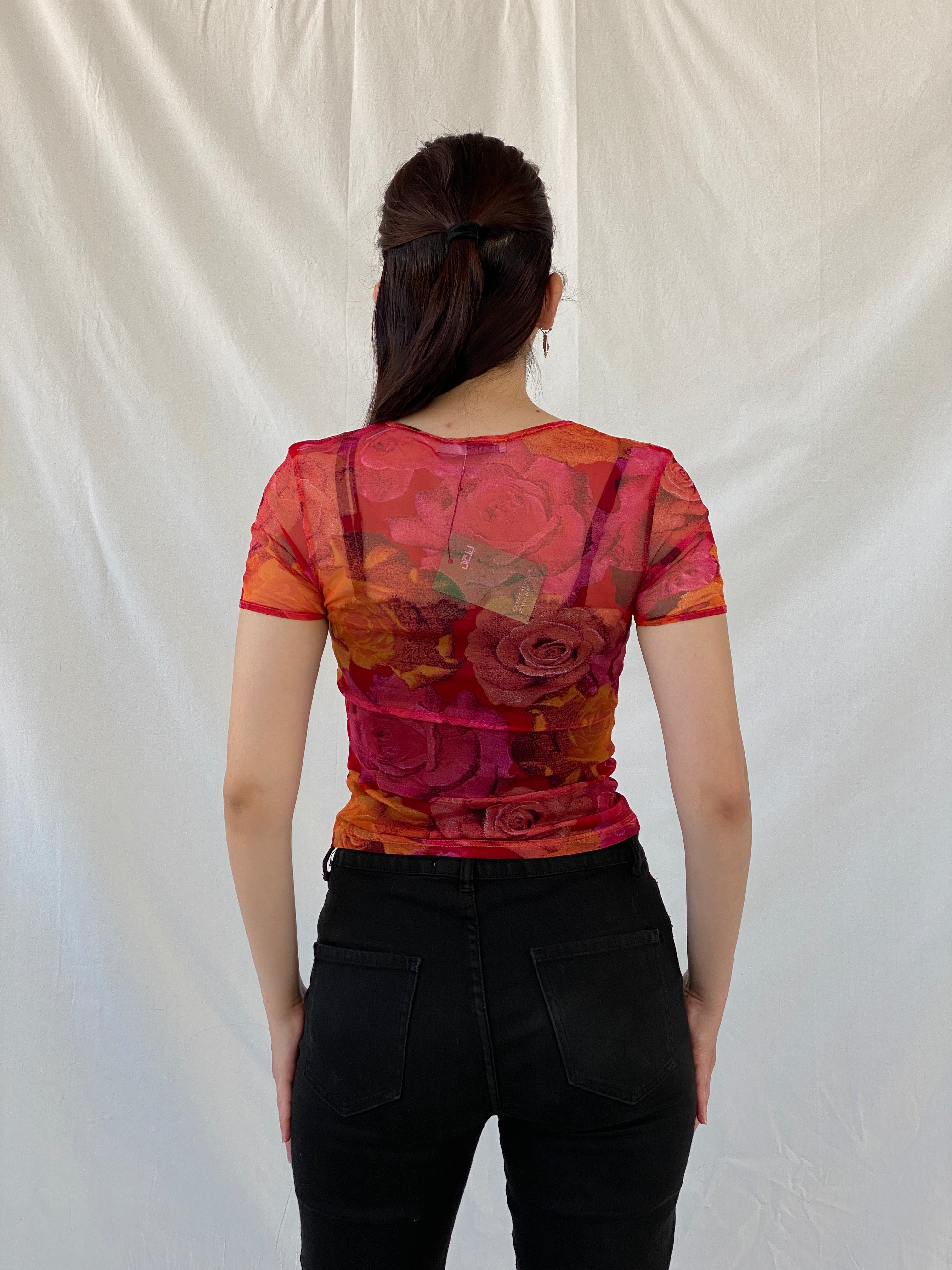 Vintage 90s Teddy Smith Orange Pink Floral Short Sleeve Mesh Top - M - Balagan Vintage Half Sleeve Top 00s, Ayah, floral mesh, mesh, mesh top, NEW IN, summer, women top