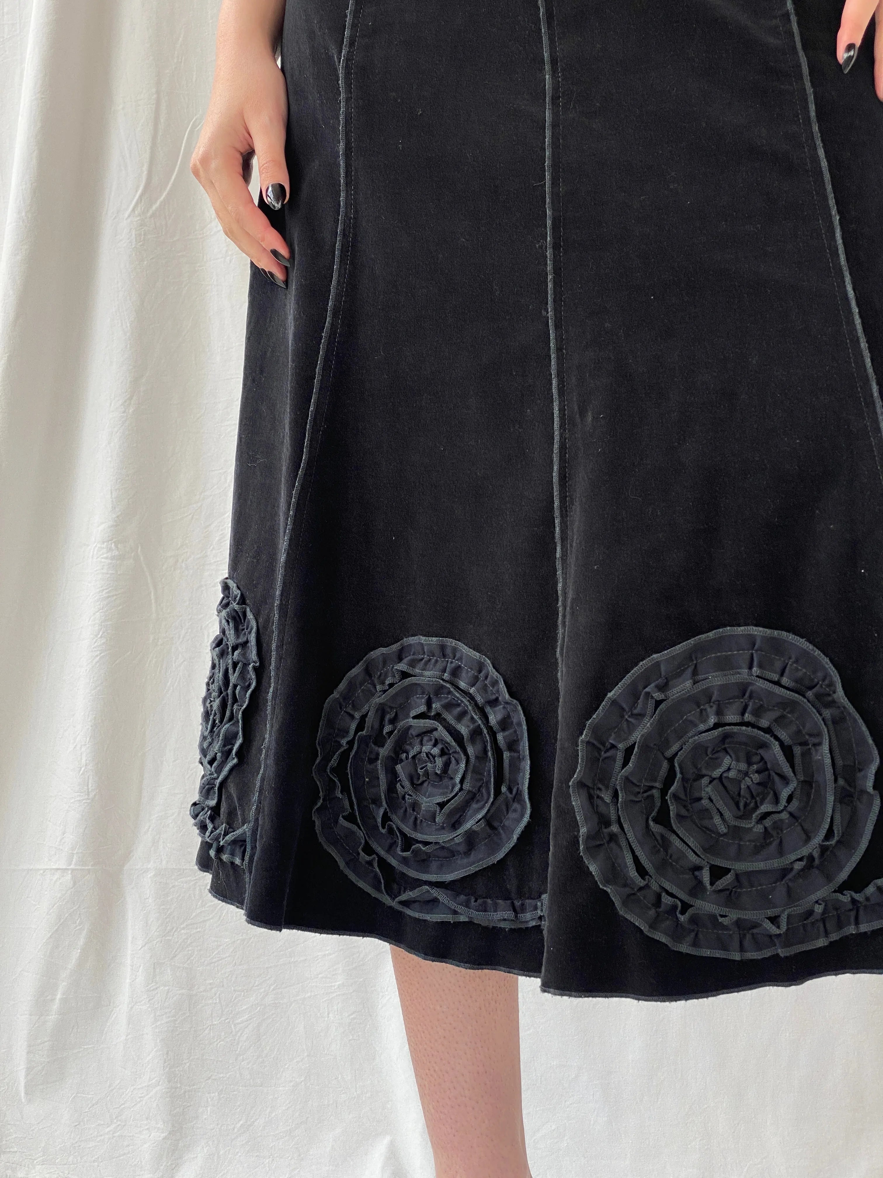 Vintage 90s Tence Black Grunge Spiral Details Midi Velvet A-Line Skirt - M - Balagan Vintage Midi Skirt 00s, Ayah, midi skirt, women skirt