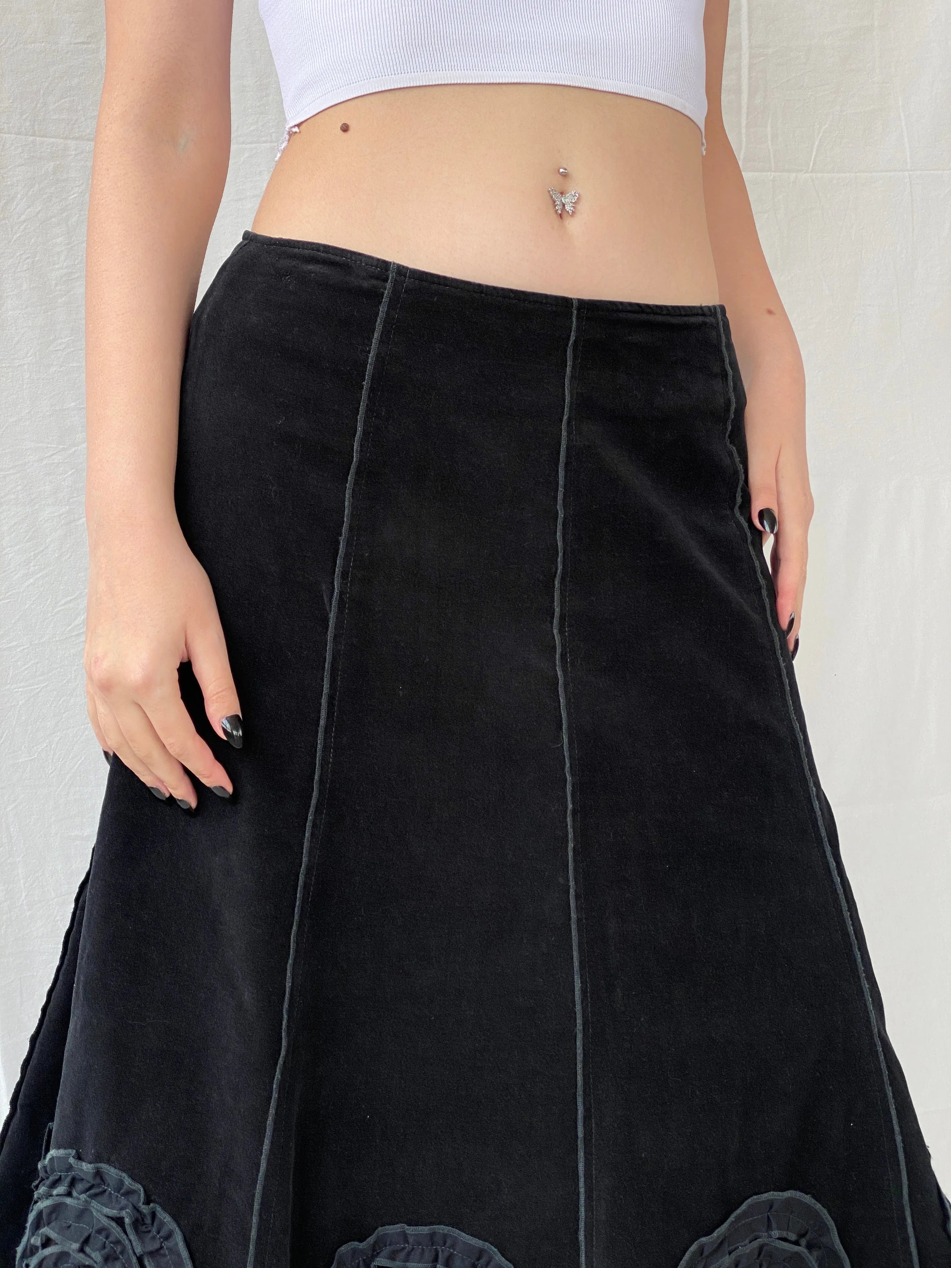 Vintage 90s Tence Black Grunge Spiral Details Midi Velvet A-Line Skirt - M - Balagan Vintage Midi Skirt 00s, Ayah, midi skirt, women skirt